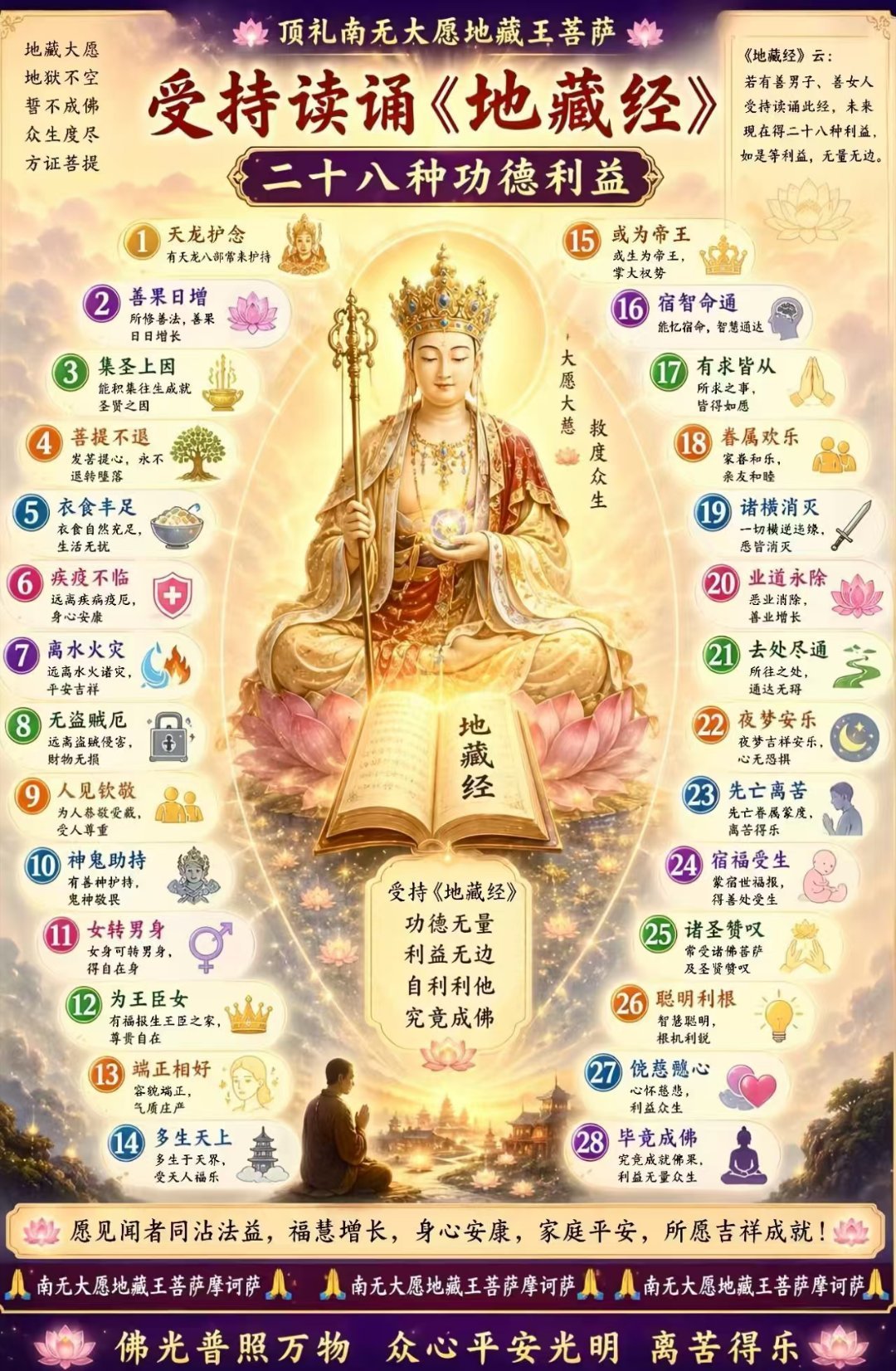 【念一万声地藏王菩萨圣号，消灾免难】现在学了《地藏经》，修地藏法门。《地藏经》告