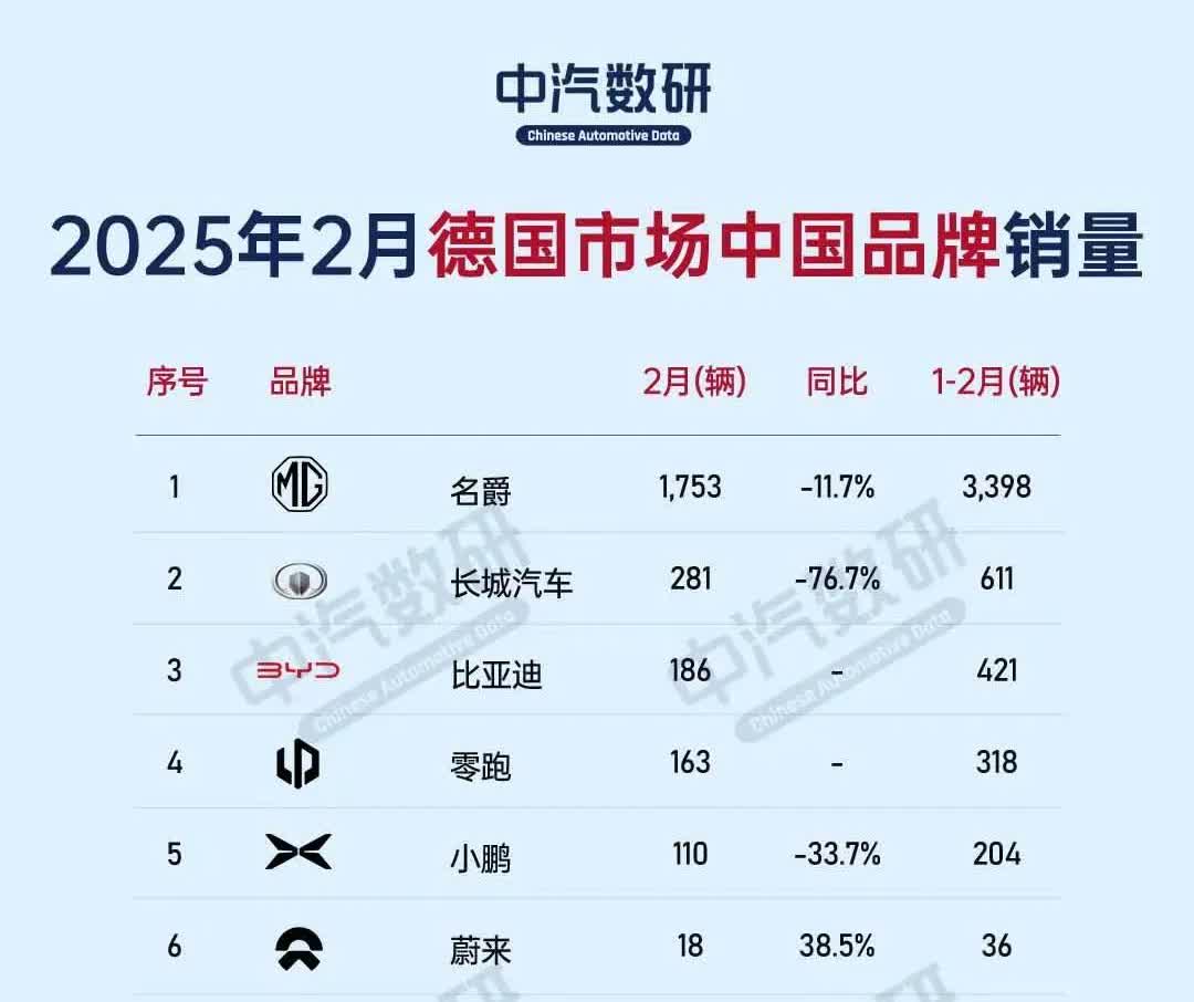 首次看到德国市场国产品牌2月销量榜单，竟然是这般景象。合计销量才0.2万