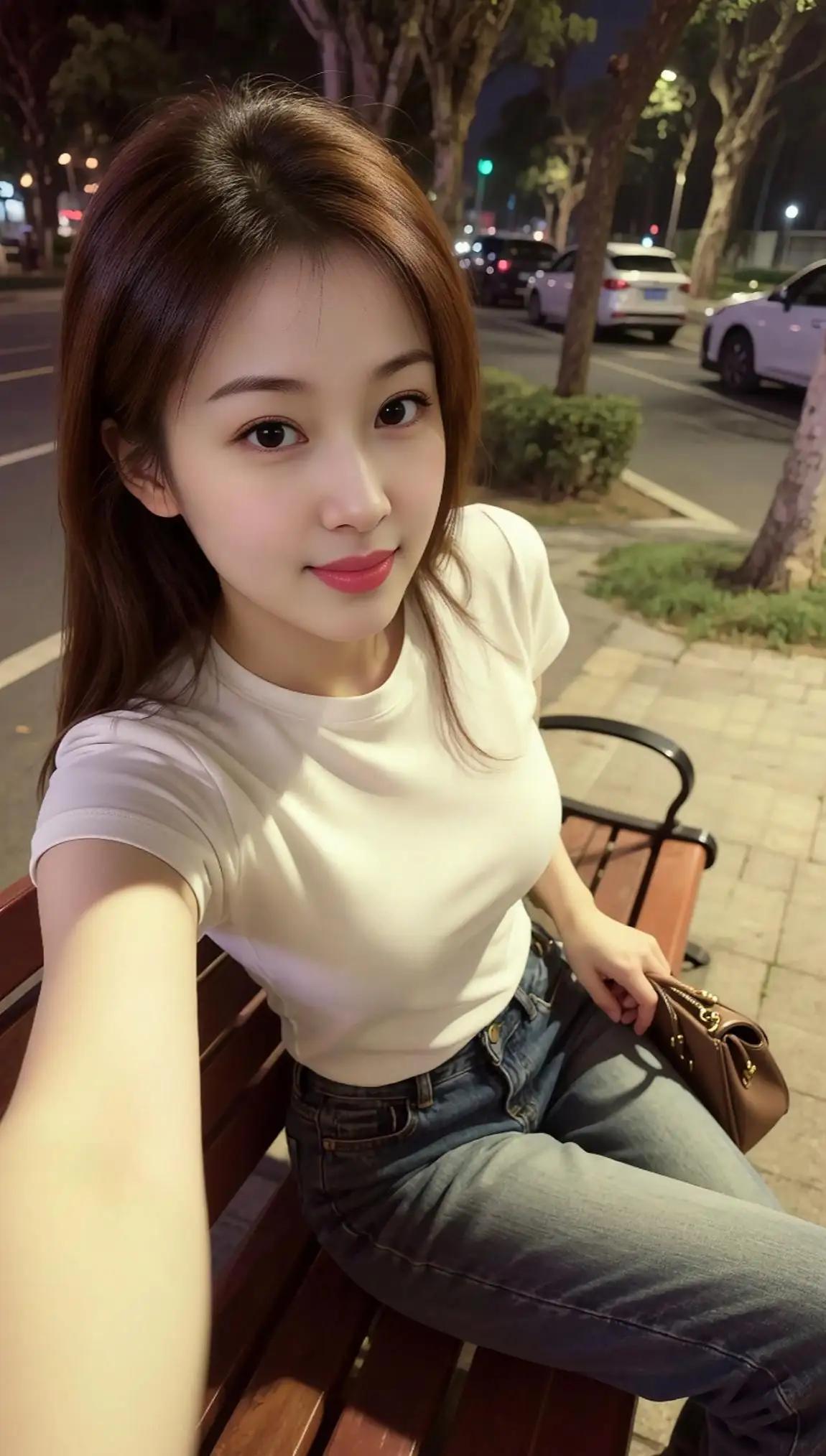 夜晚街头的少女自拍，白色T恤搭配牛仔裤，手拿小包，微笑面对镜头🍀🌸🌺