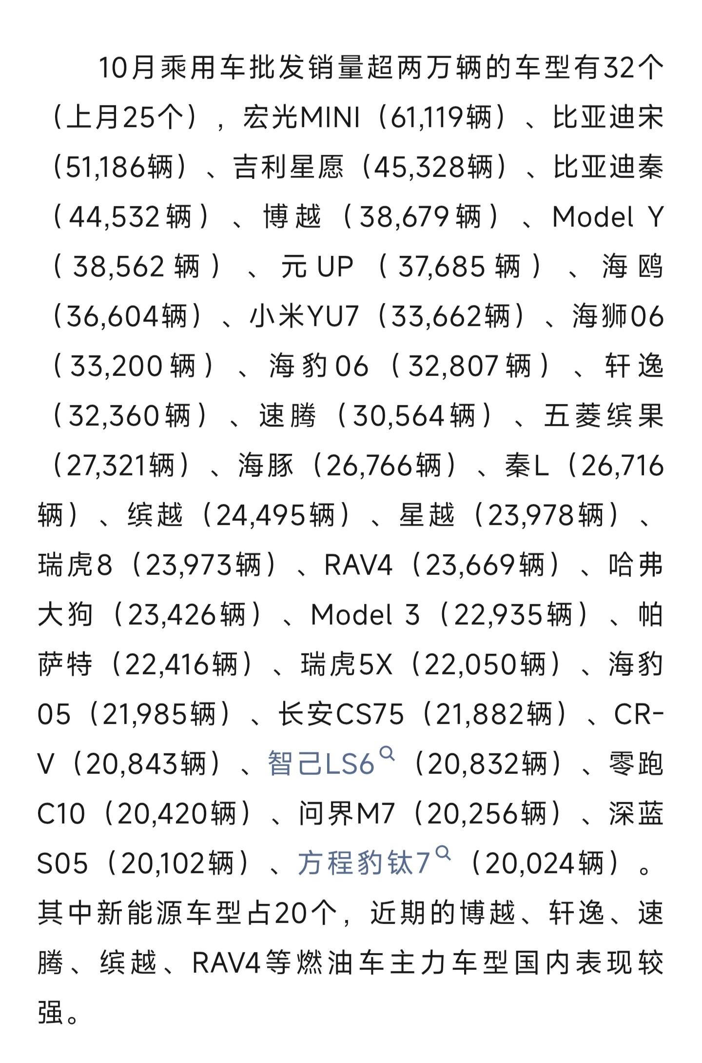 10月单一车型销量排行：宏光MINI61119比亚迪宋51186吉利星