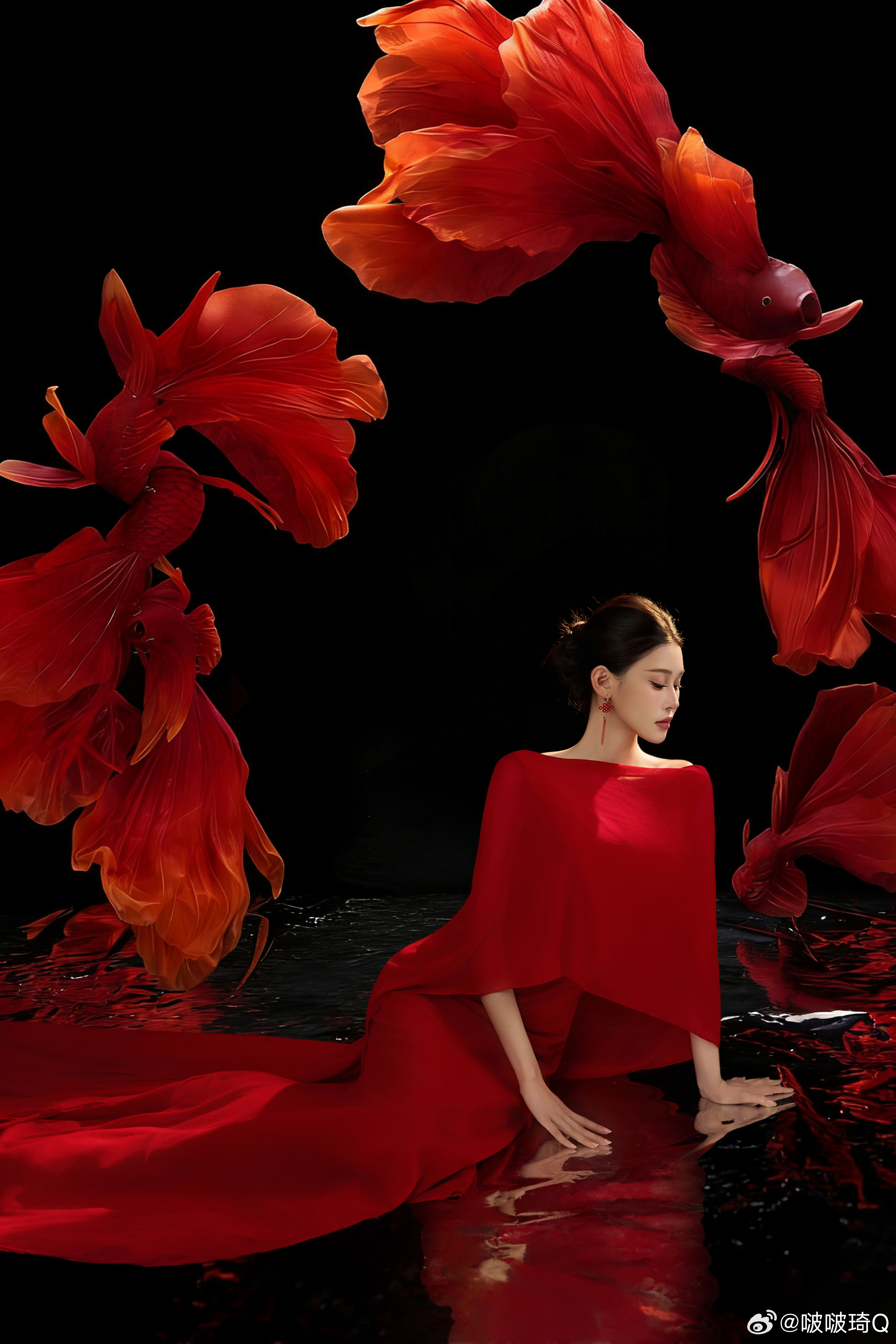 红裙曳地锦鲤开道