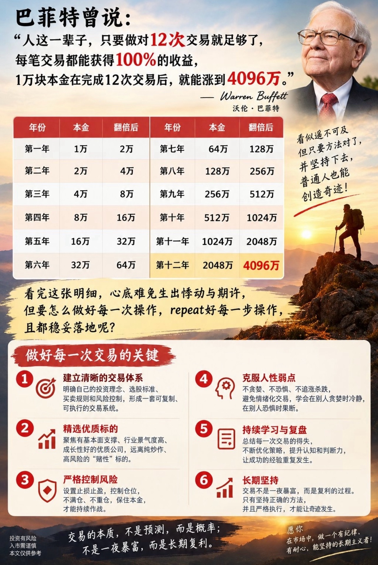 巴菲特曾说：人这一辈子，只要做对12次交易就足够了。​​​