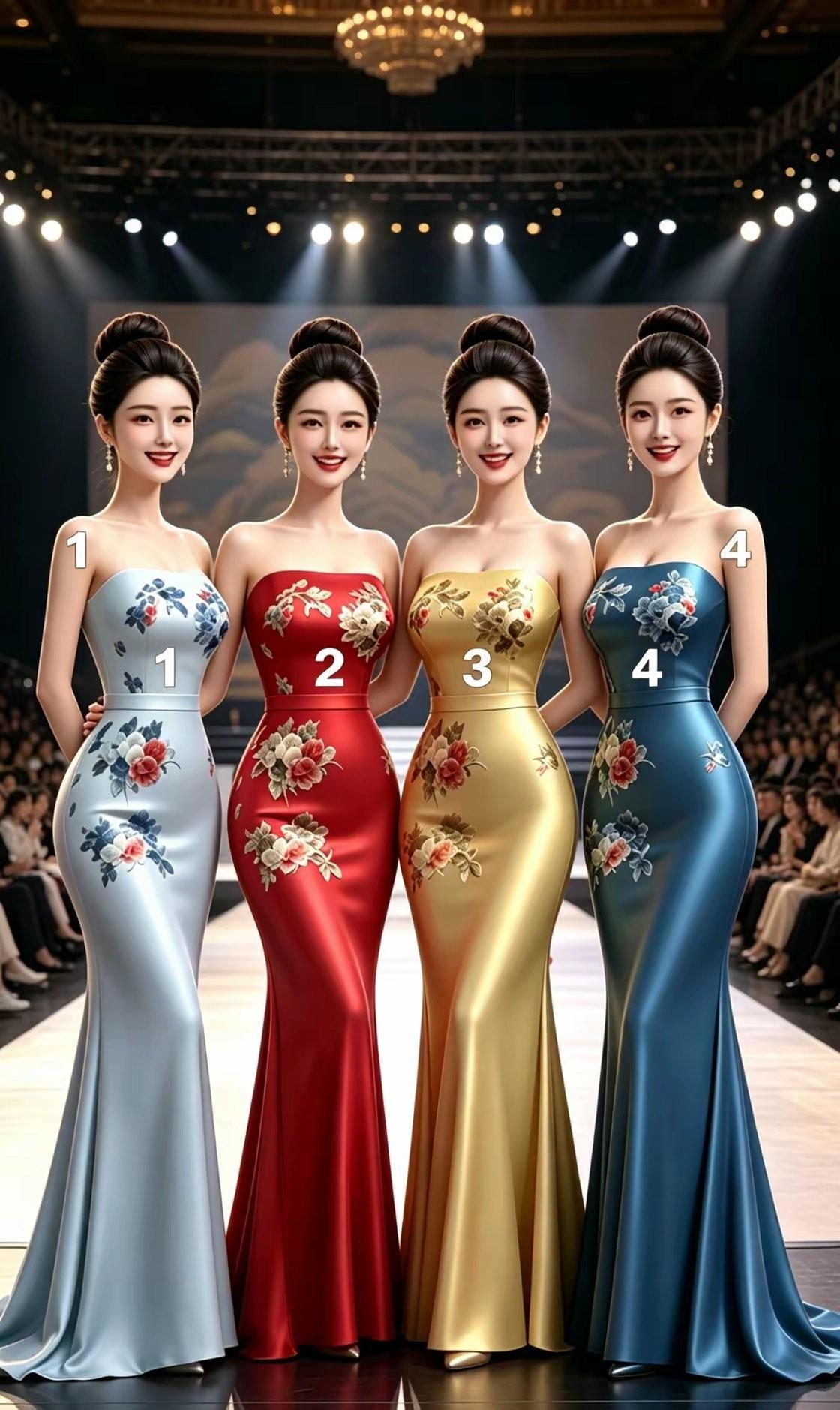 四位模特美女，以你多年的经验，你认为哪一位模特穿的抹胸旗袍颜色漂亮。旗袍时尚走