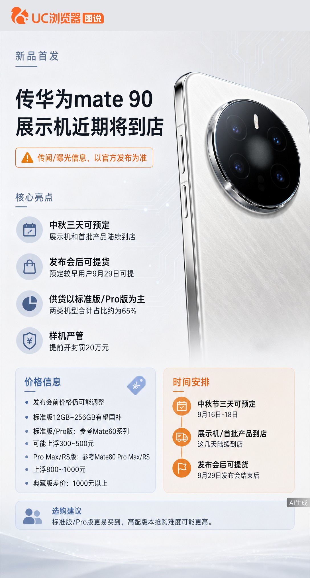 华为Mate90展示机陆续到店，提前开封罚20万！标准版Pro版供货或占65%，高配紧俏。价格未定，