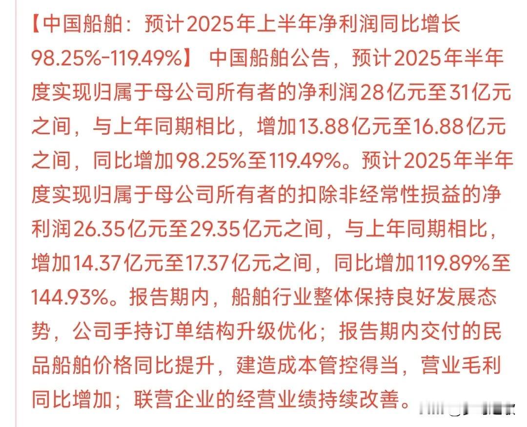 又一个中报炸裂的，中国船舶中报翻倍中国船舶发布了中报，预增近一倍，归属母公司净