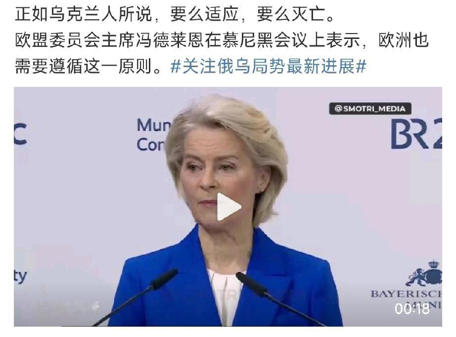 欧洲醒悟了……2月14日，冯德莱恩在慕尼黑讲话表示：“正如乌克兰人所说，