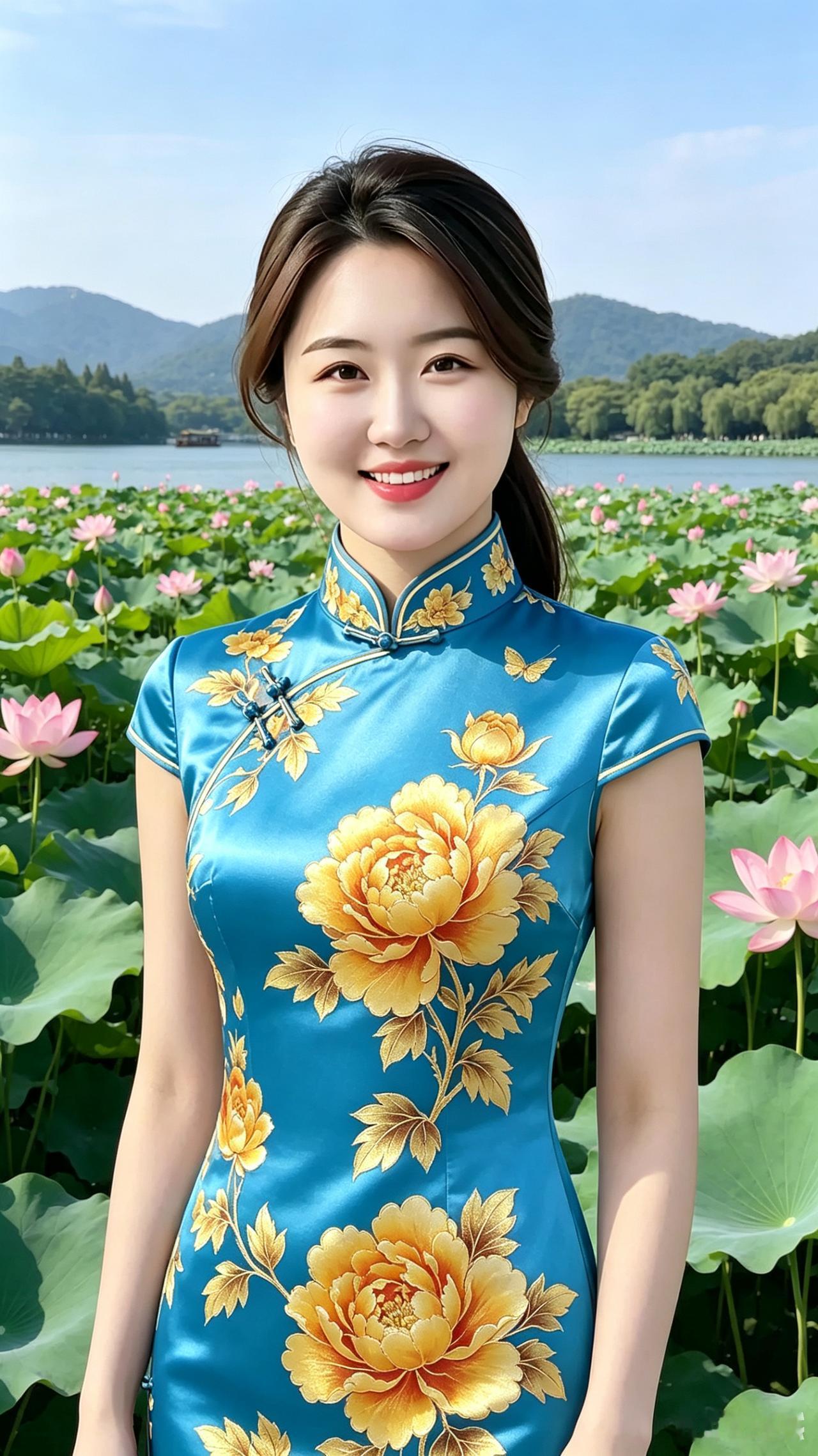 西湖美女顺口溜（邀续尾）佳人伫立西湖畔蓝衫绣就金牡丹身姿婀娜惹人赞笑靥盈