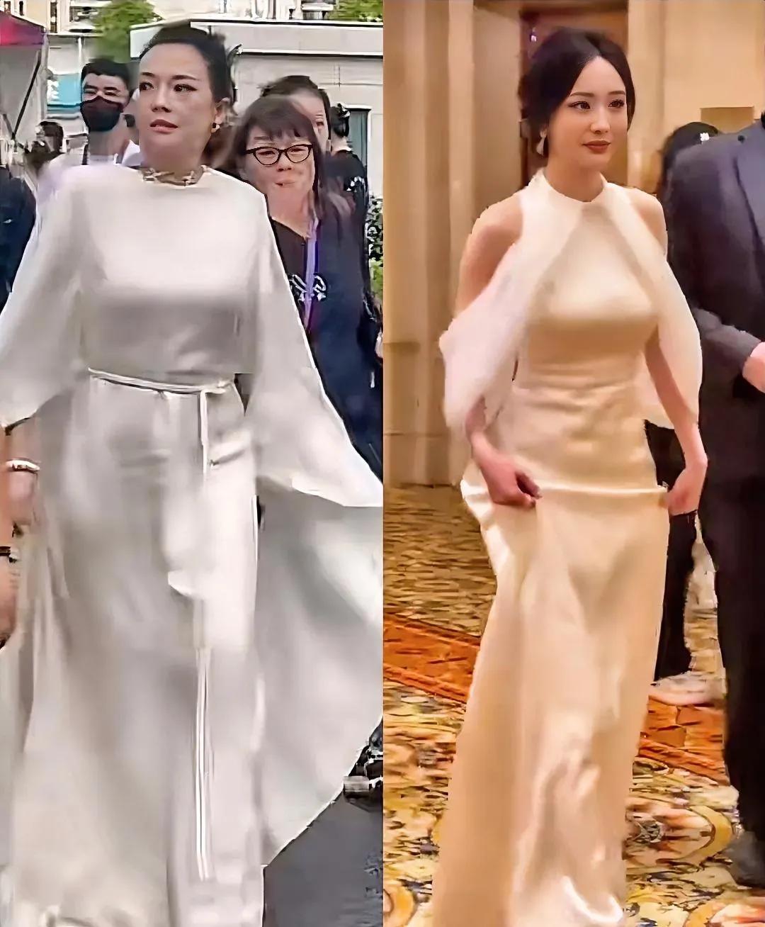 7月6日，章子怡和杨幂在活动中同穿白色礼服，引发网友热议。章子怡身着垂坠白