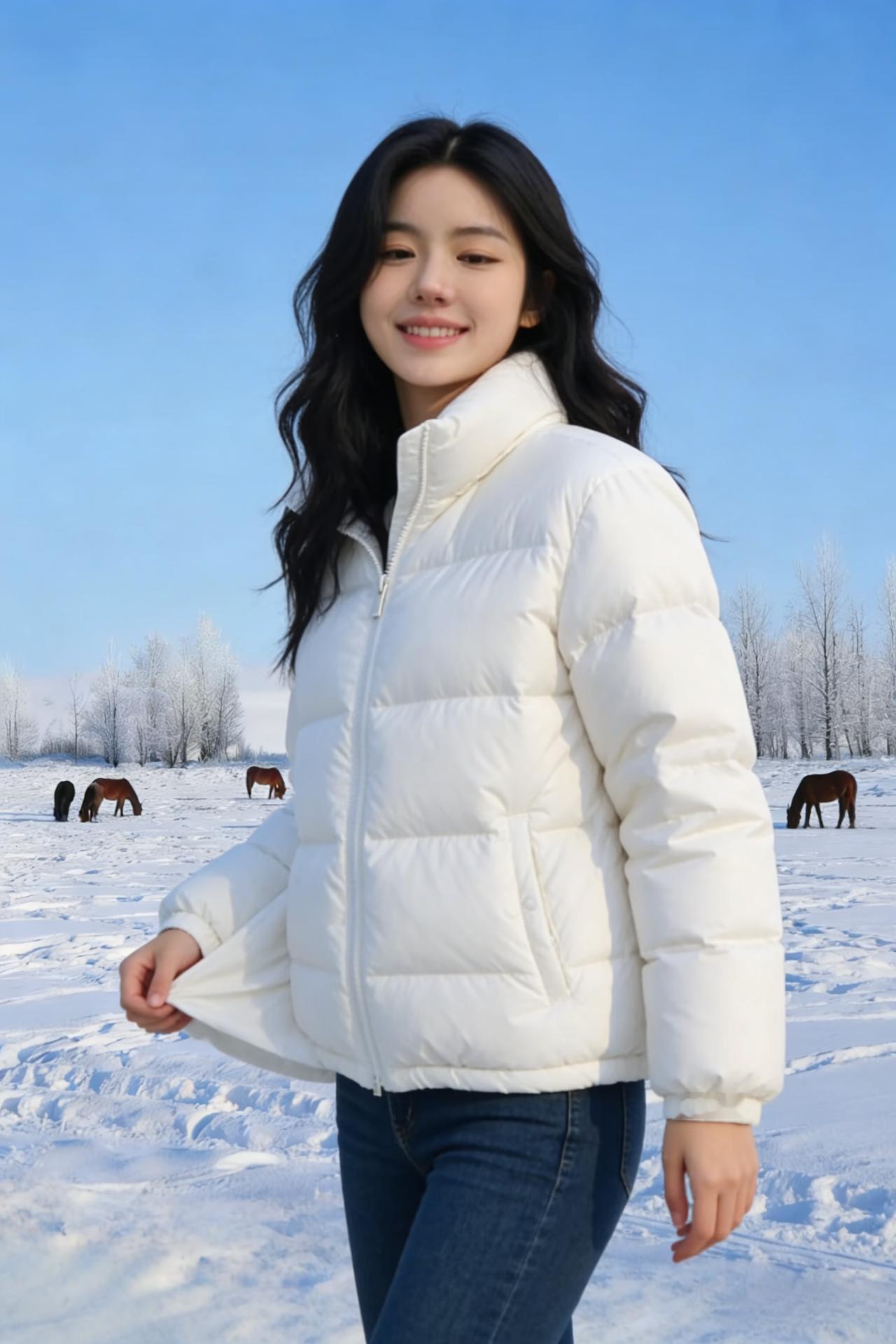 她的羽绒服是一只饱满的白气球飘在雪地里，没被风带走拉链拉到胸口，漏出半截温柔