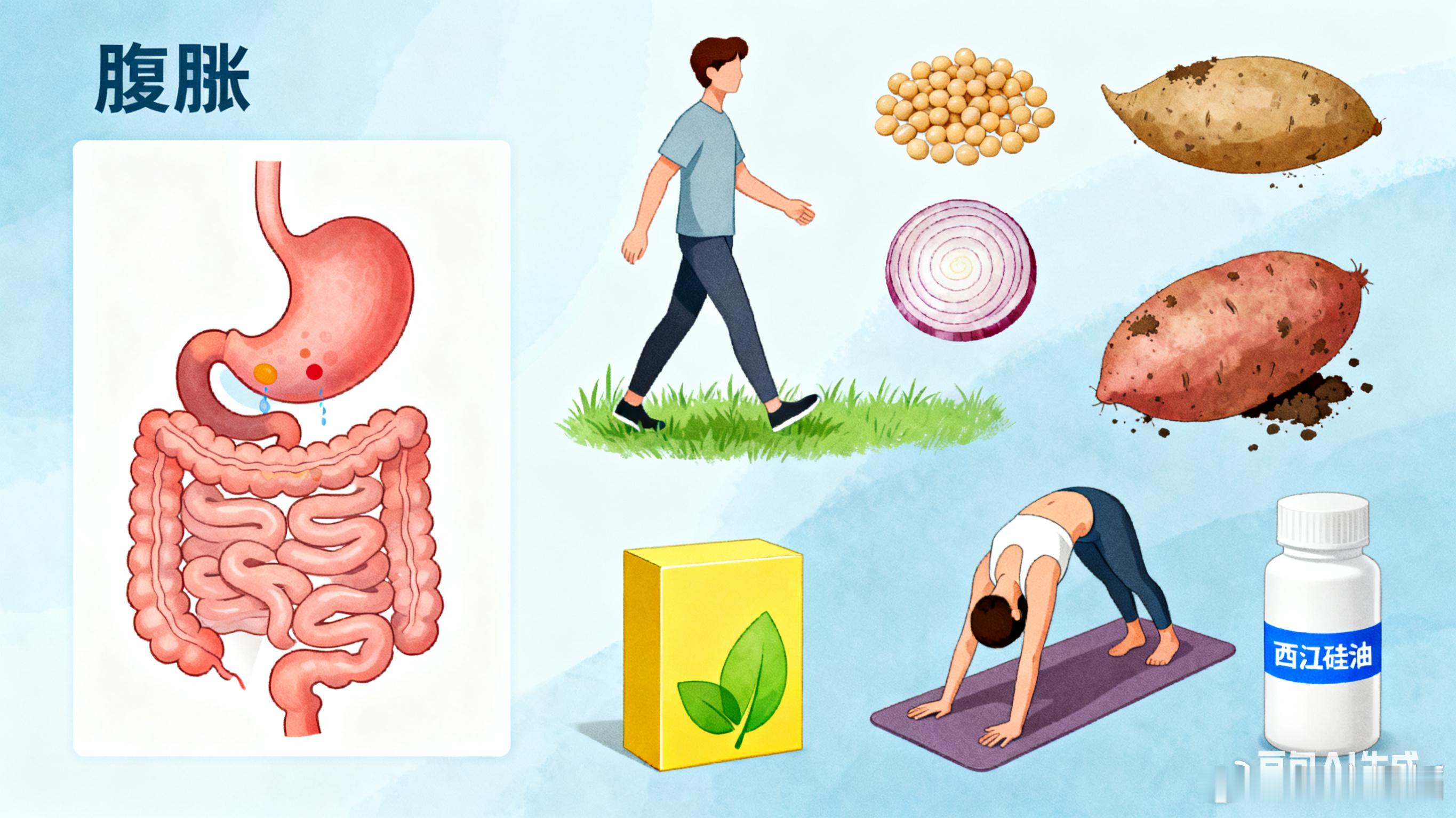 腹胀：多因胃肠道内气体过多、胃肠动力不足或消化功能紊乱所致，常见于饮食不当、肠道
