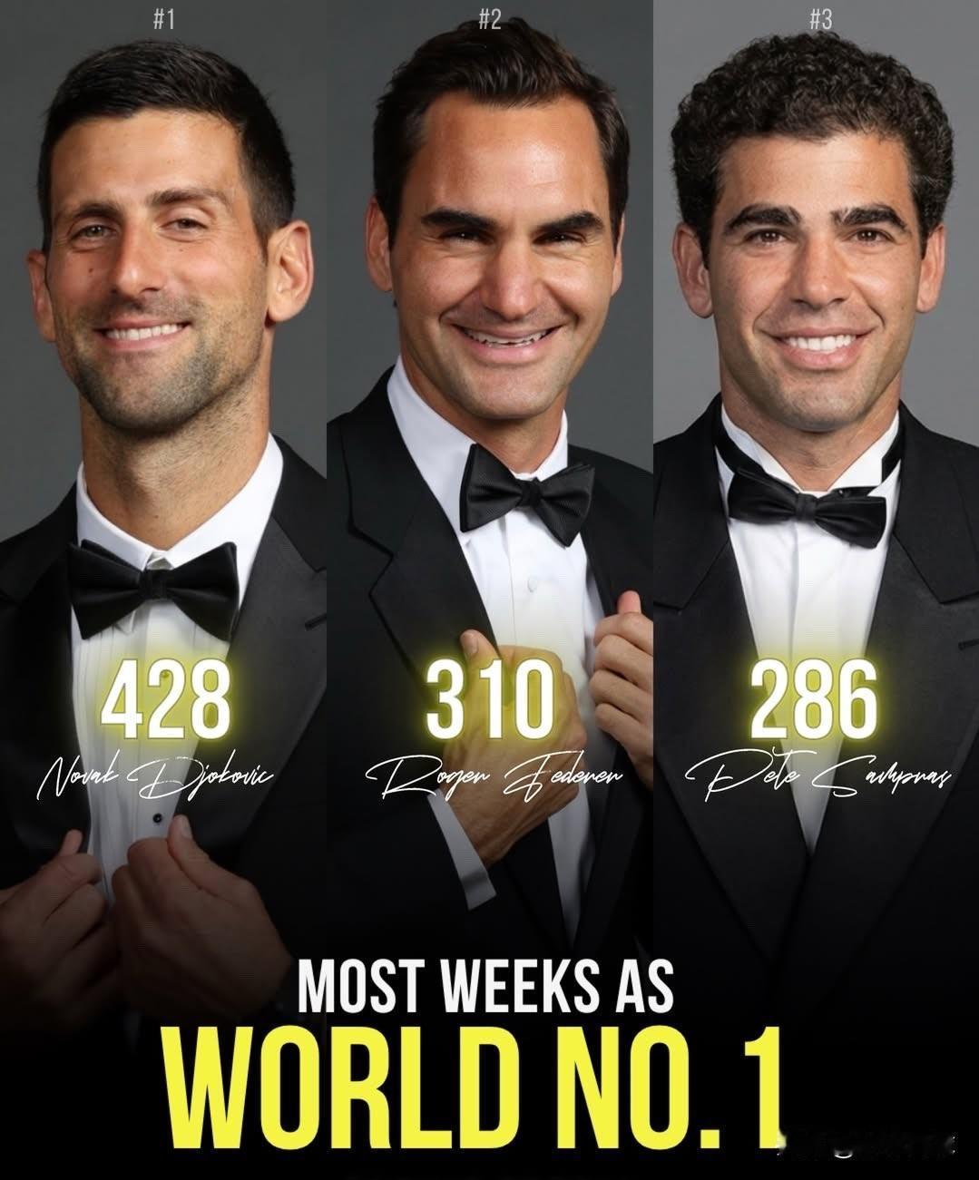 ATP在位世界第一时间最长的三巨头1，德约科维奇428周2，费德勒310周