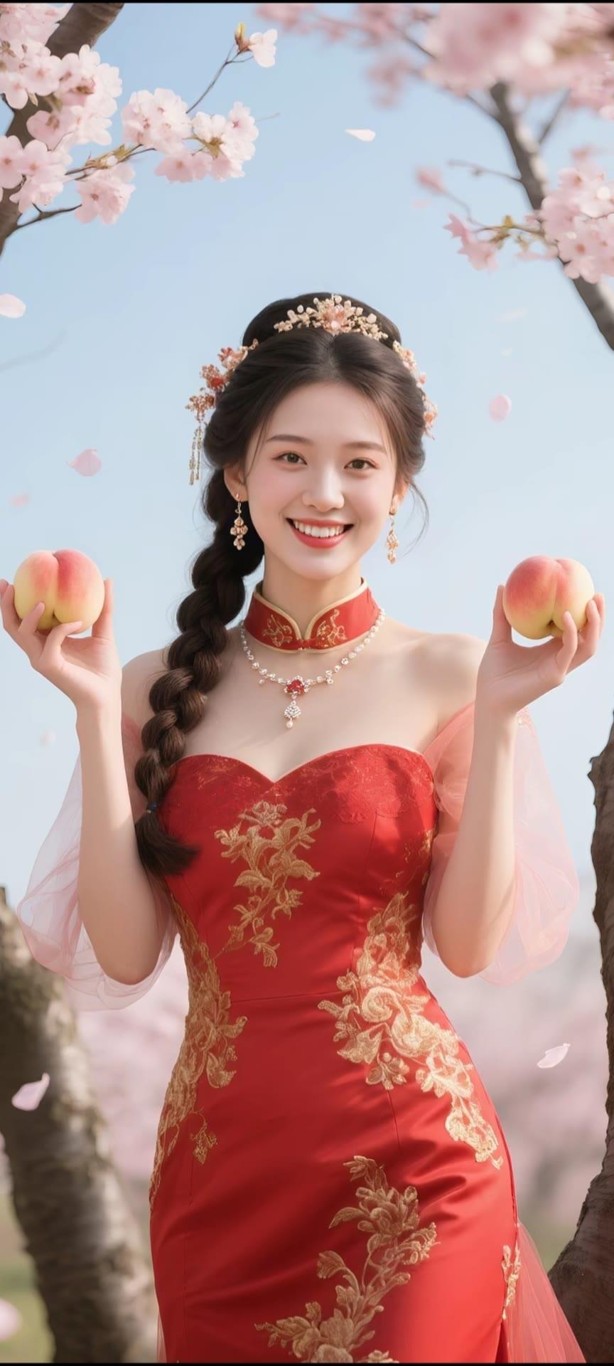 春日桃花笑，红衣美人捧桃香。