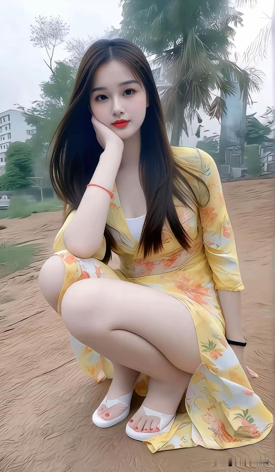 夏日沙滩上的甜美少女，黄色碎花裙搭配白色凉鞋，轻松惬意！🌞👗🏖️