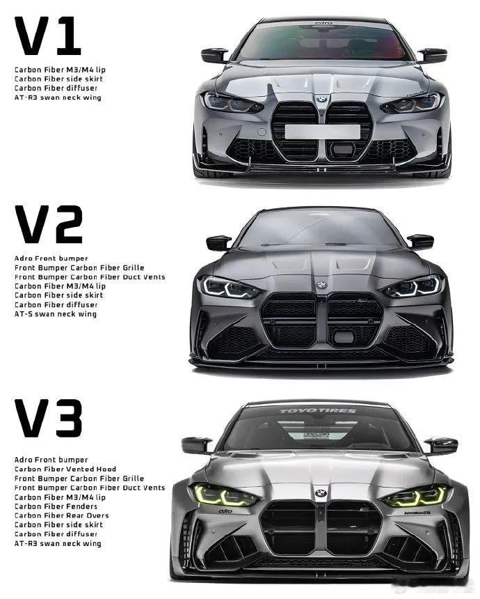 图片展示了宝马汽车的三种不同改装版本：V1、V2和V3。以下是每个版本的改装