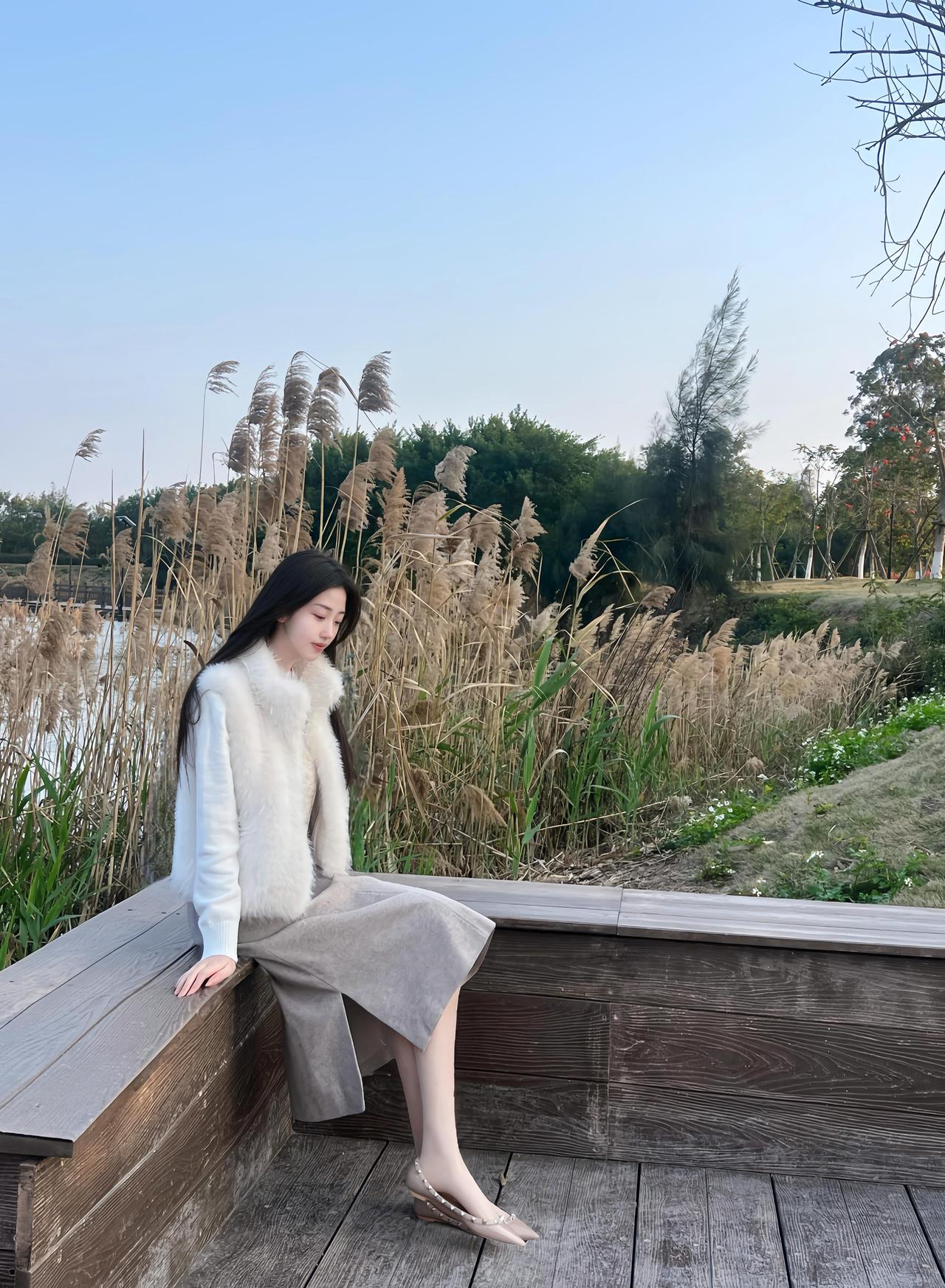 静坐木栏边，风起芦苇间。