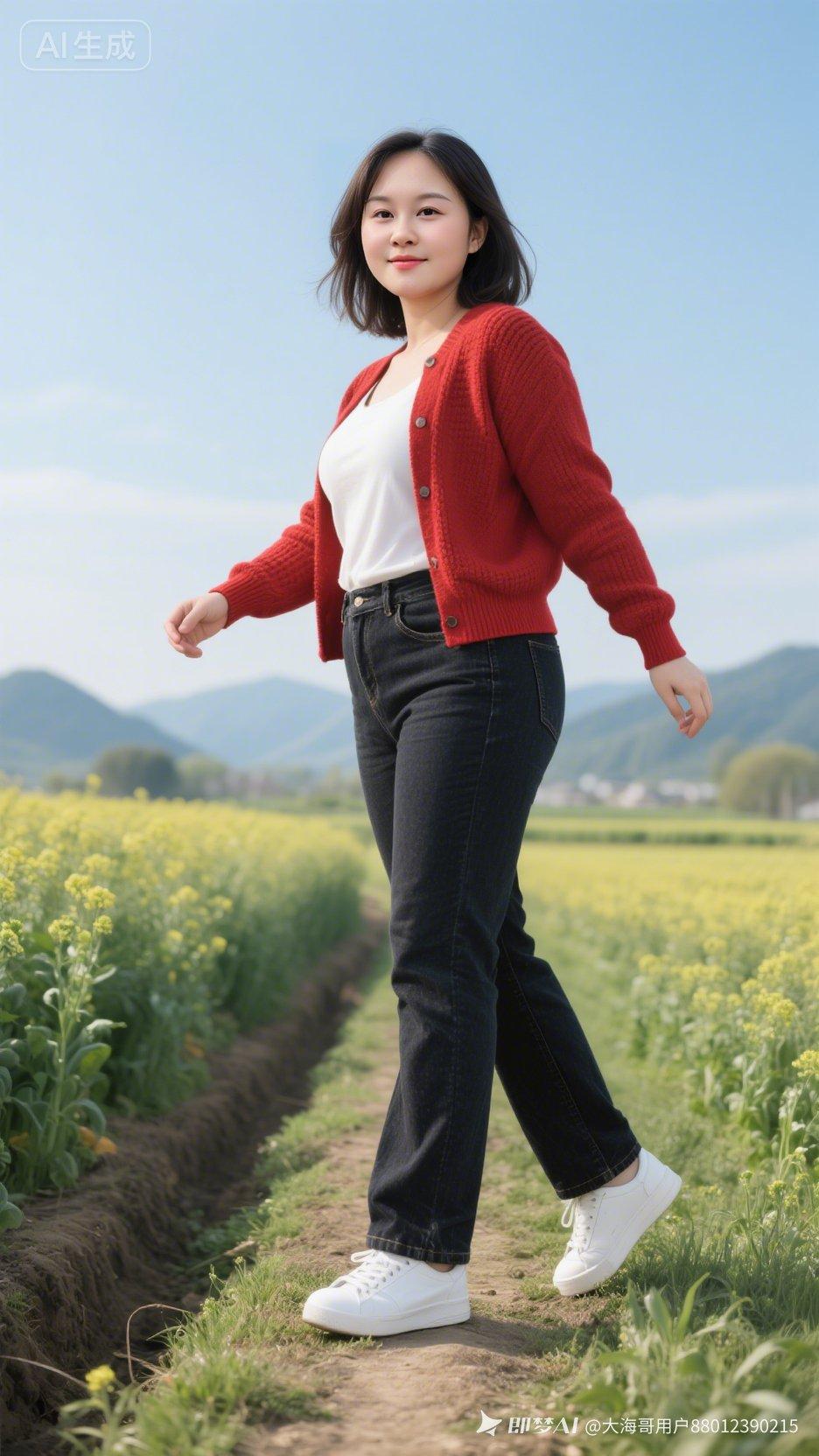 春日田野漫步，红衣少女与花海相映成趣。