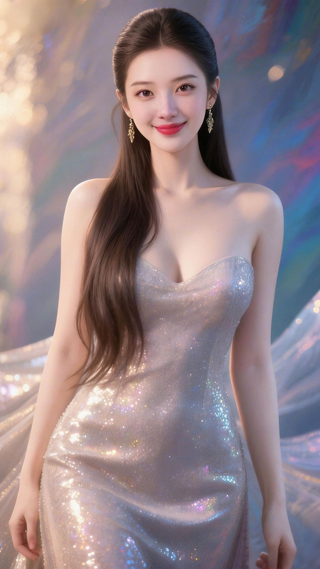 银裙映光漾温柔幻彩的光影在背景里晕开层层涟漪，像揉碎了的星河坠入人间。一袭