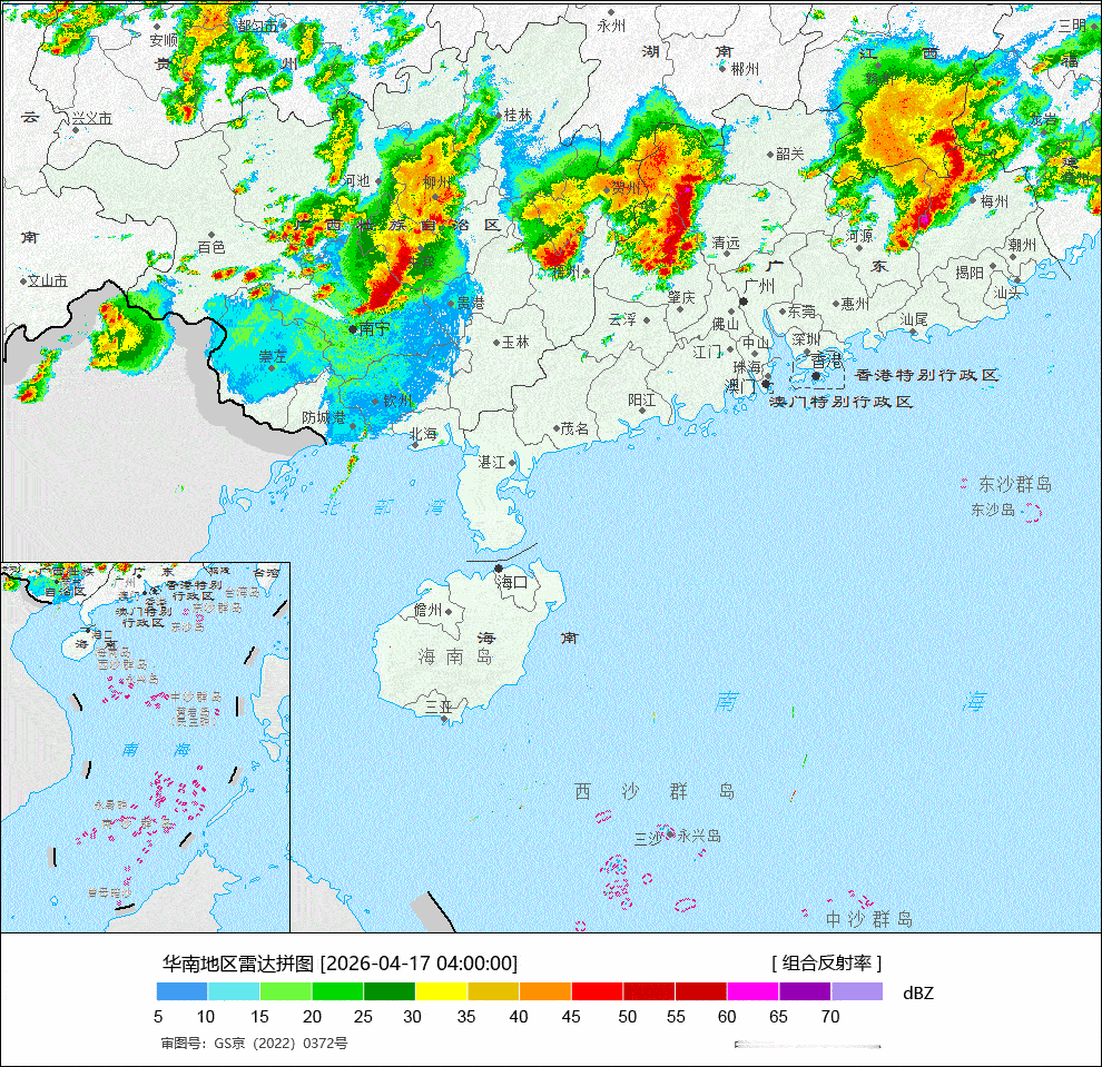 【华南对流活跃】从今天凌晨到上午广西广东的对流非常活跃。低空因为存在偏南风和偏北