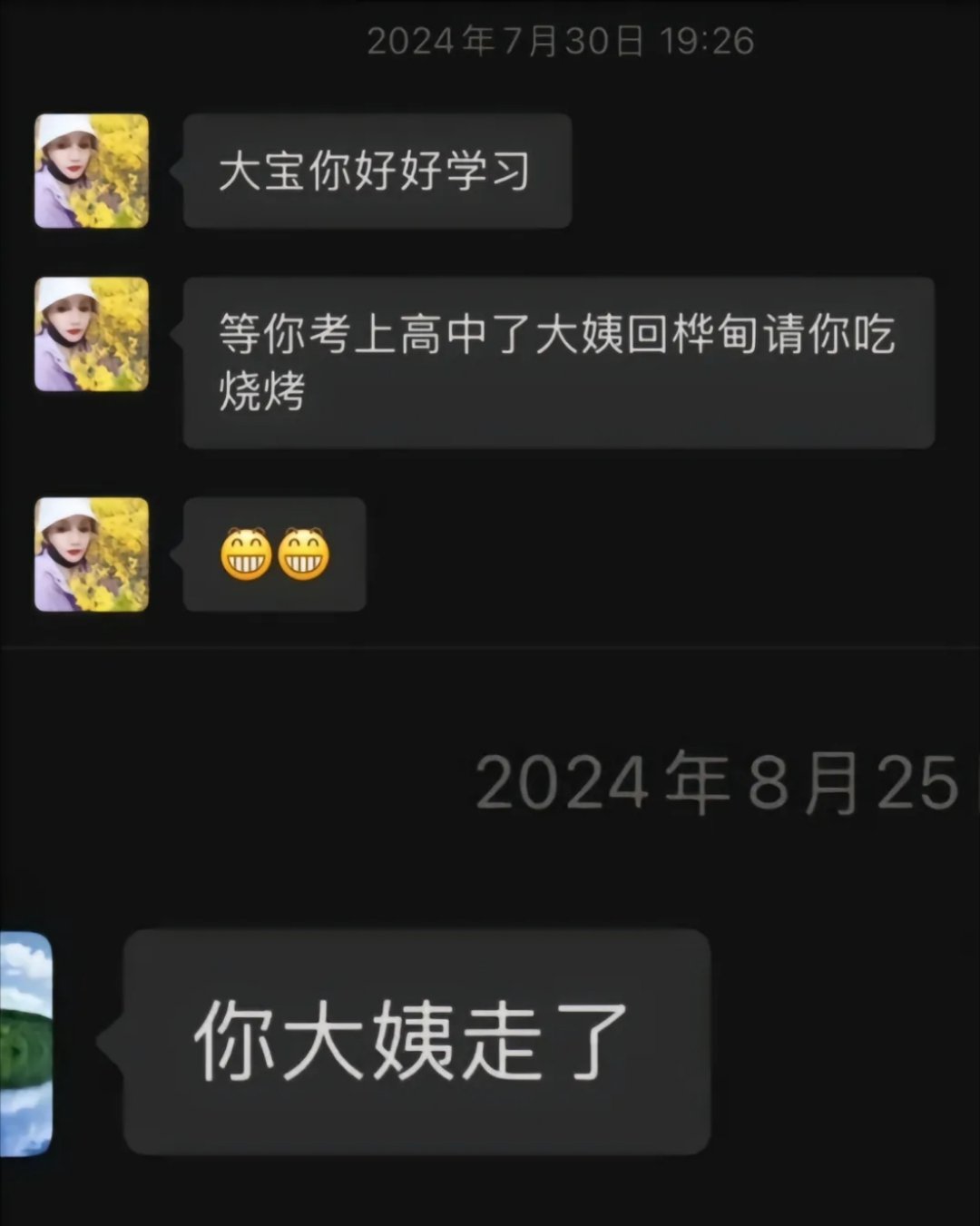 “妈大姨是不是还答应我请我吃烧烤啊”“烧烤没了”“什么！大姨竟然骗我”“大姨没