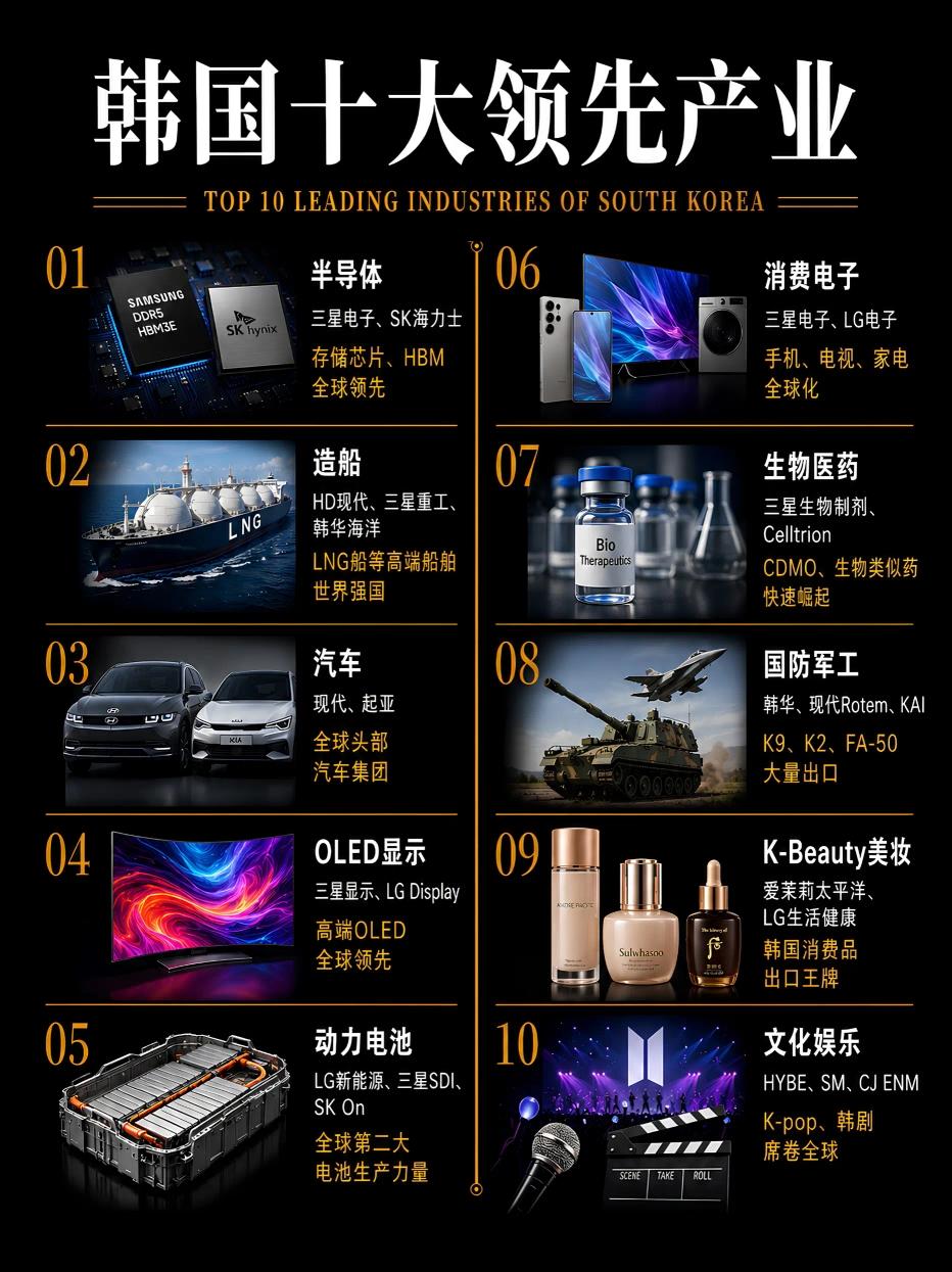 韩国的十大领先产业，这些产业他们做的真的很好，涉及到各个方面。这样的实力真的可以
