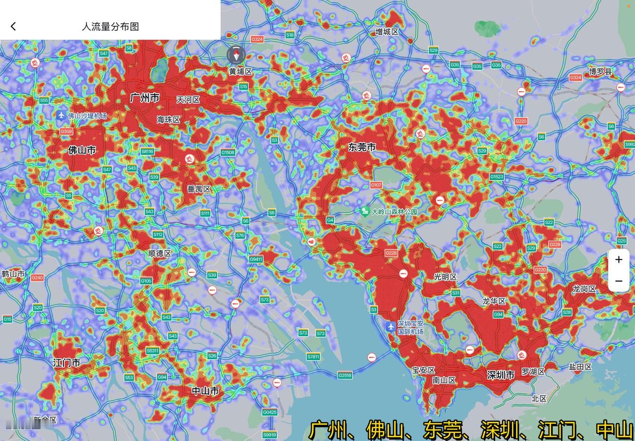 广州与佛山、深圳与东莞建成区已经完全无缝连片了吧？东莞北部与广州主城区之间存在生