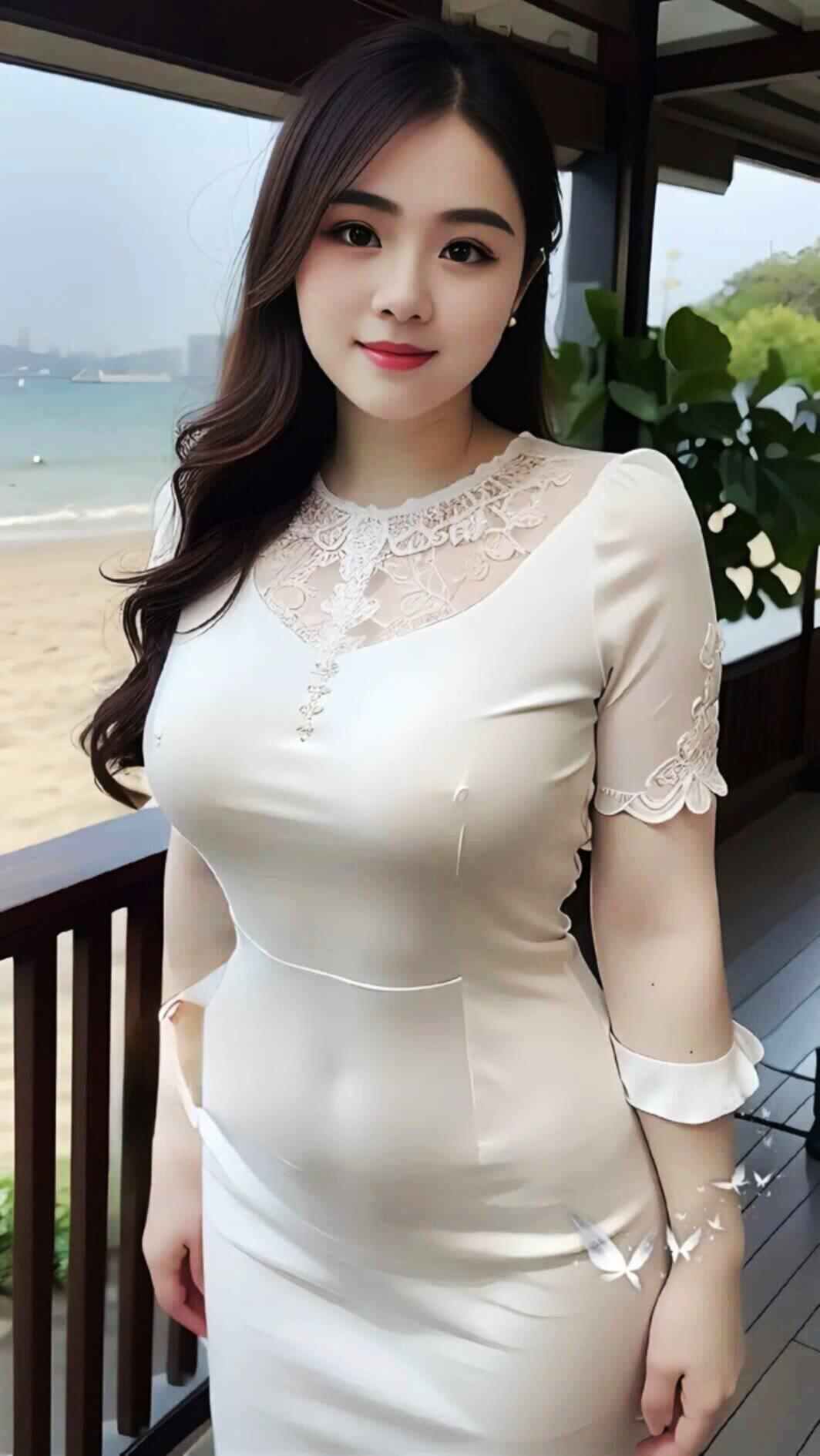 这位小姐姐穿着白色连衣裙，站在阳台上。