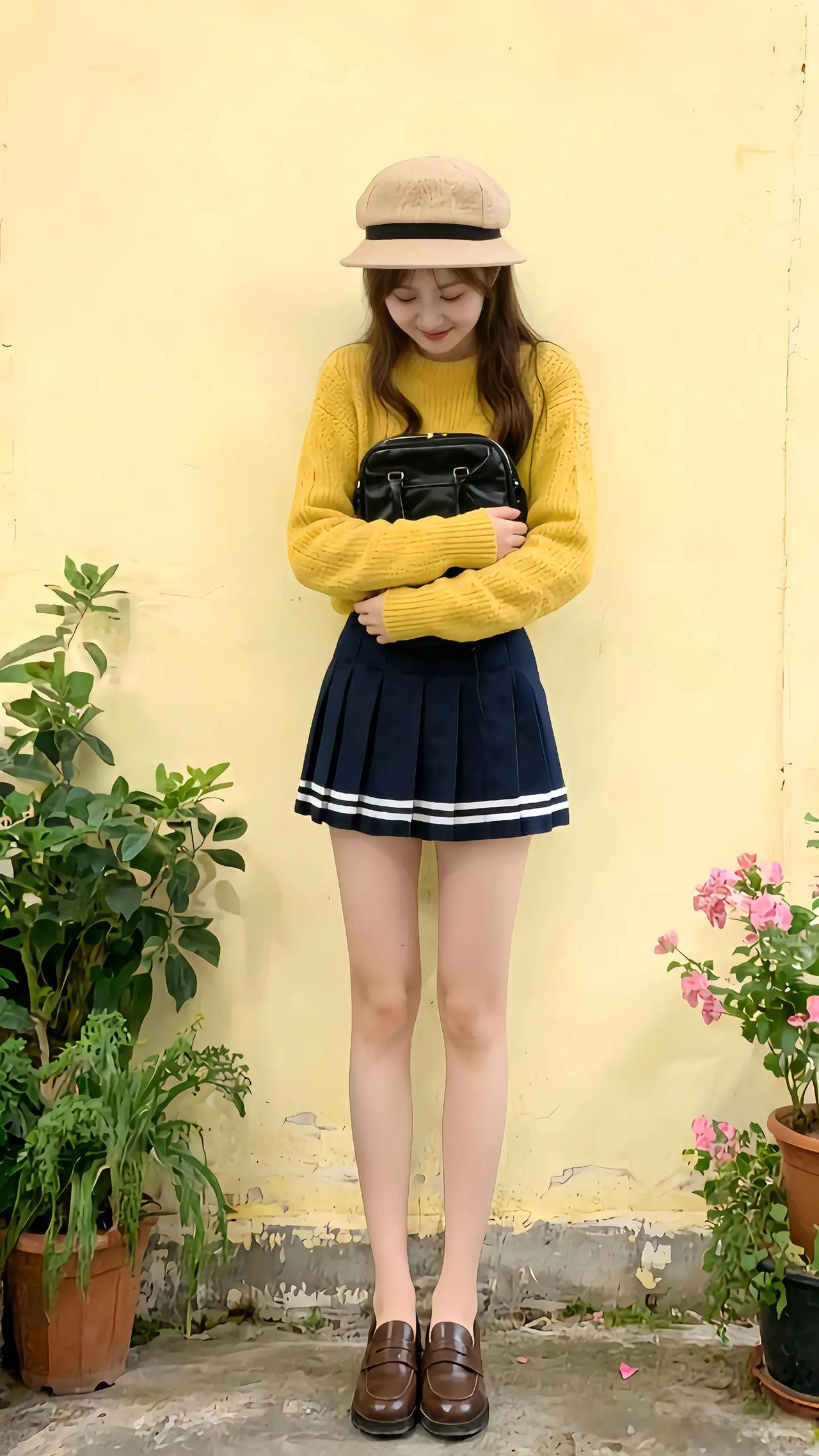 女人如何穿出含蓄的性感?复古风穿搭指南：黄色毛衣+海军裙+棕色皮鞋，搭配米色帽