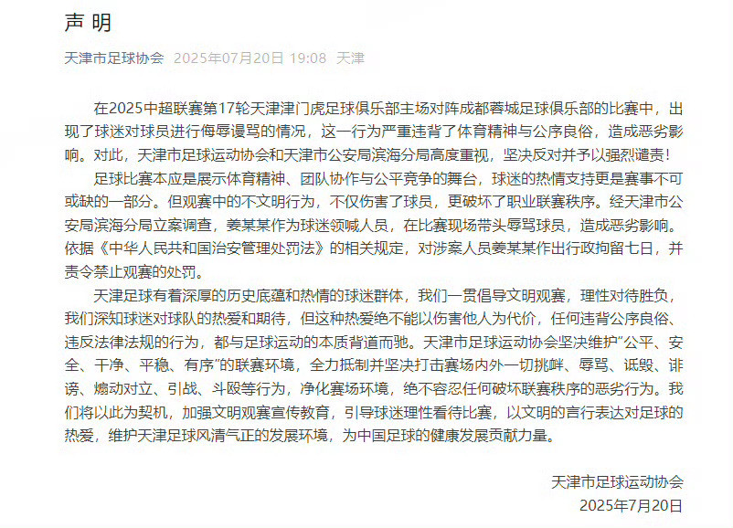 辱骂韦世豪球迷被拘留天津很重视，这几年文旅宣传都很不容易，因为球场不理性的球迷影