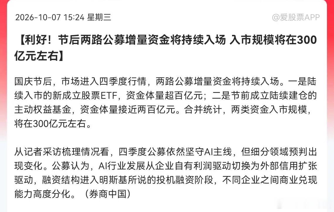 明天A股有望开门红！重磅利好，300亿公募增量资金蓄势进场！据券商中国消息，节后