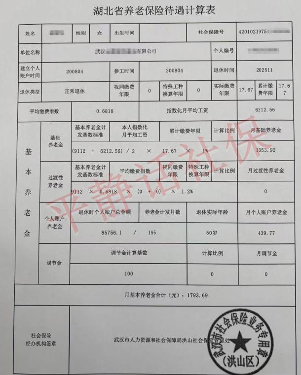 湖北武汉计发基数全国排名第七（包含深圳），缴费17年能拿到多少钱？女，25年1