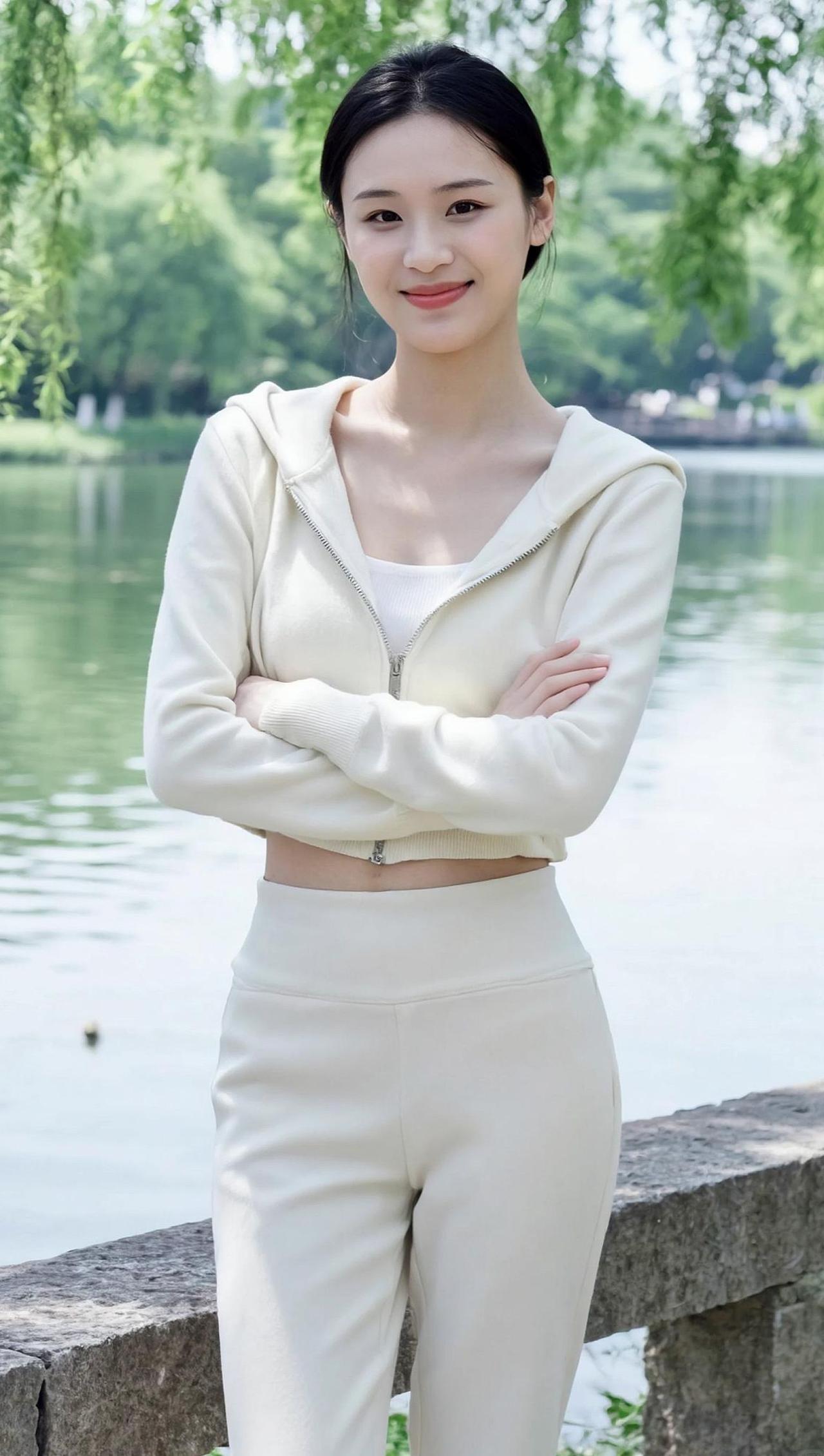 湖边的微风轻轻拂过，仿佛时间也慢了下来。她站在那里，双臂环抱，像是拥抱着整个自然