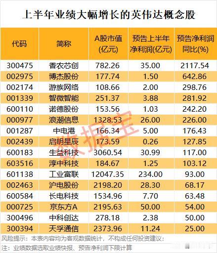上半年业绩大幅增长的英伟达概念股！