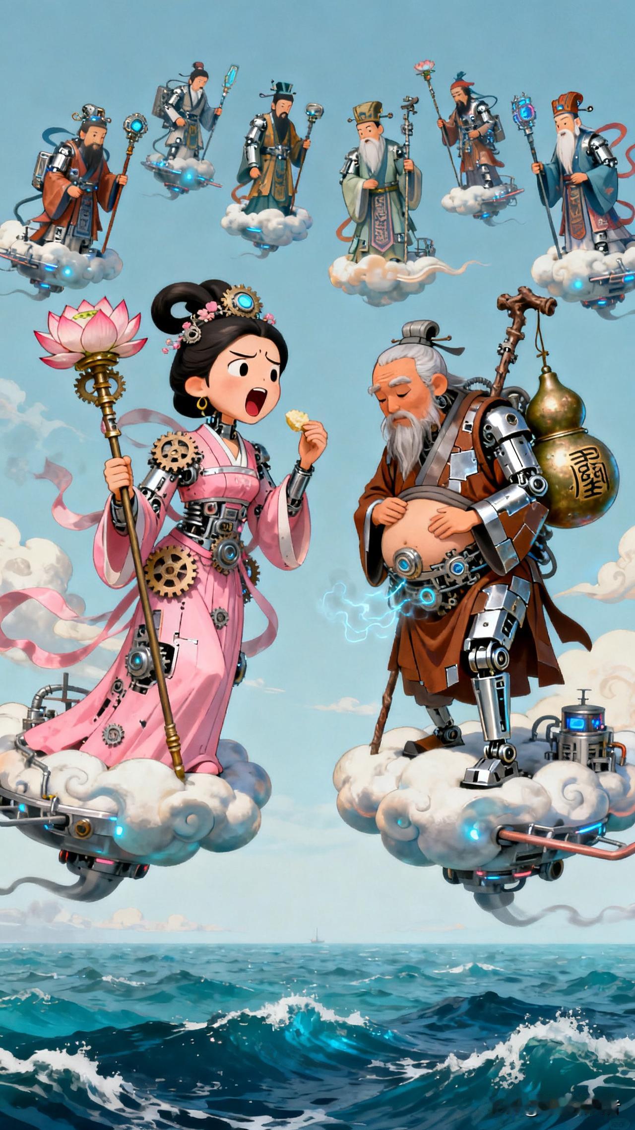 八仙参加完蟠桃会，驾云回蓬莱仙岛。何仙姑第一个喊饿：“刚才光顾着看嫦娥跳舞，蟠桃