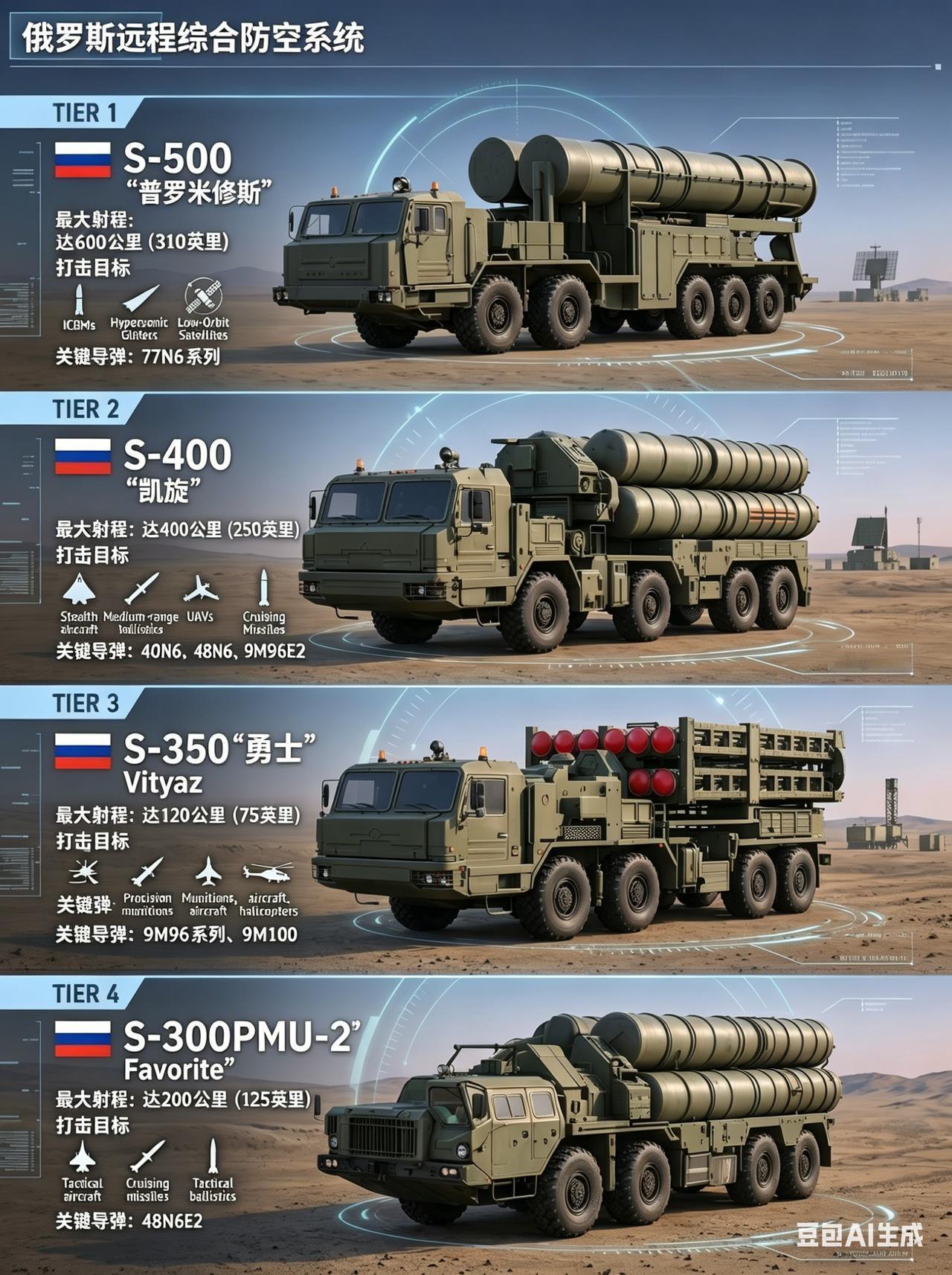 这张图把俄罗斯远程防空系统的“天网”层级讲得明明白白，从最高端的S-500到经典