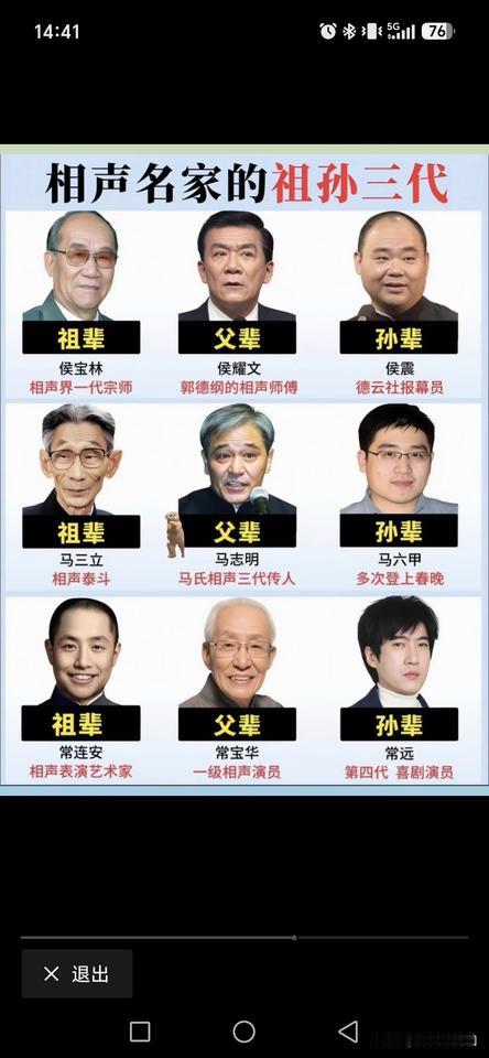 相声世家三代。江湖上，相声世家分为侯、马、常三家。侯家，以侯宝林大师为首，二