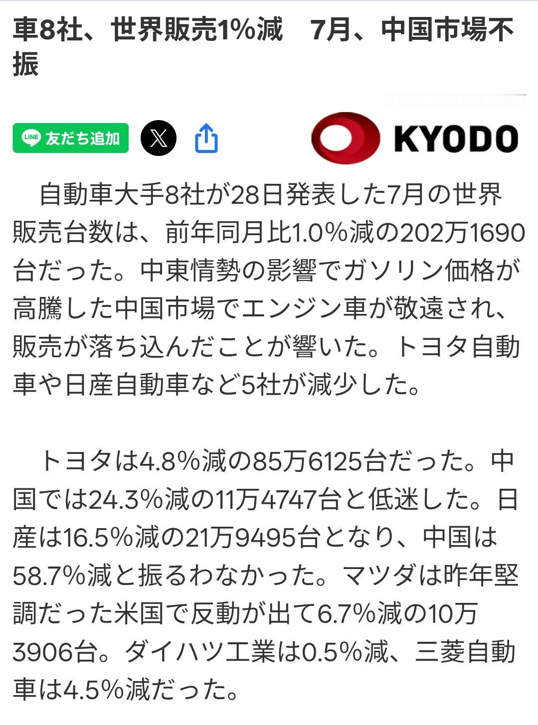 日媒：中国市场远离油车影响日系全球销量日本共同社8月28日报道：日本八大汽车制