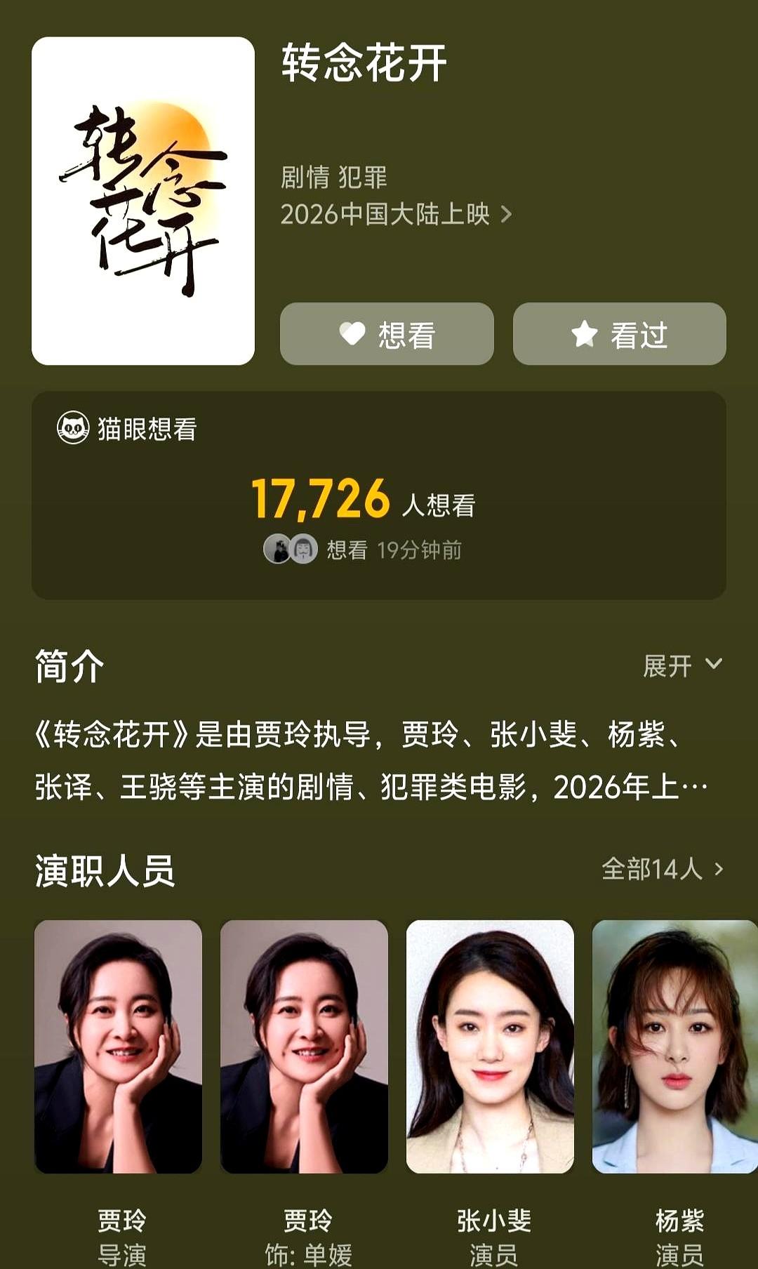 贾玲导演的新片，凉了？猫眼上《转念花开》的“想看”人数，1.8万。这个数字，