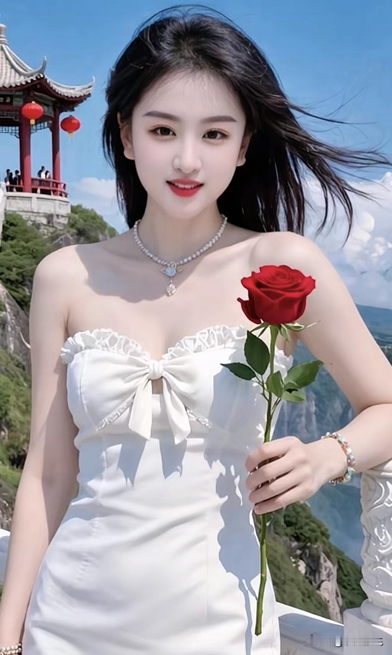 仙气飘飘的少女，手持红玫瑰，置身于山水之间。玫瑰红裙少女花海少女照红衣温柔少