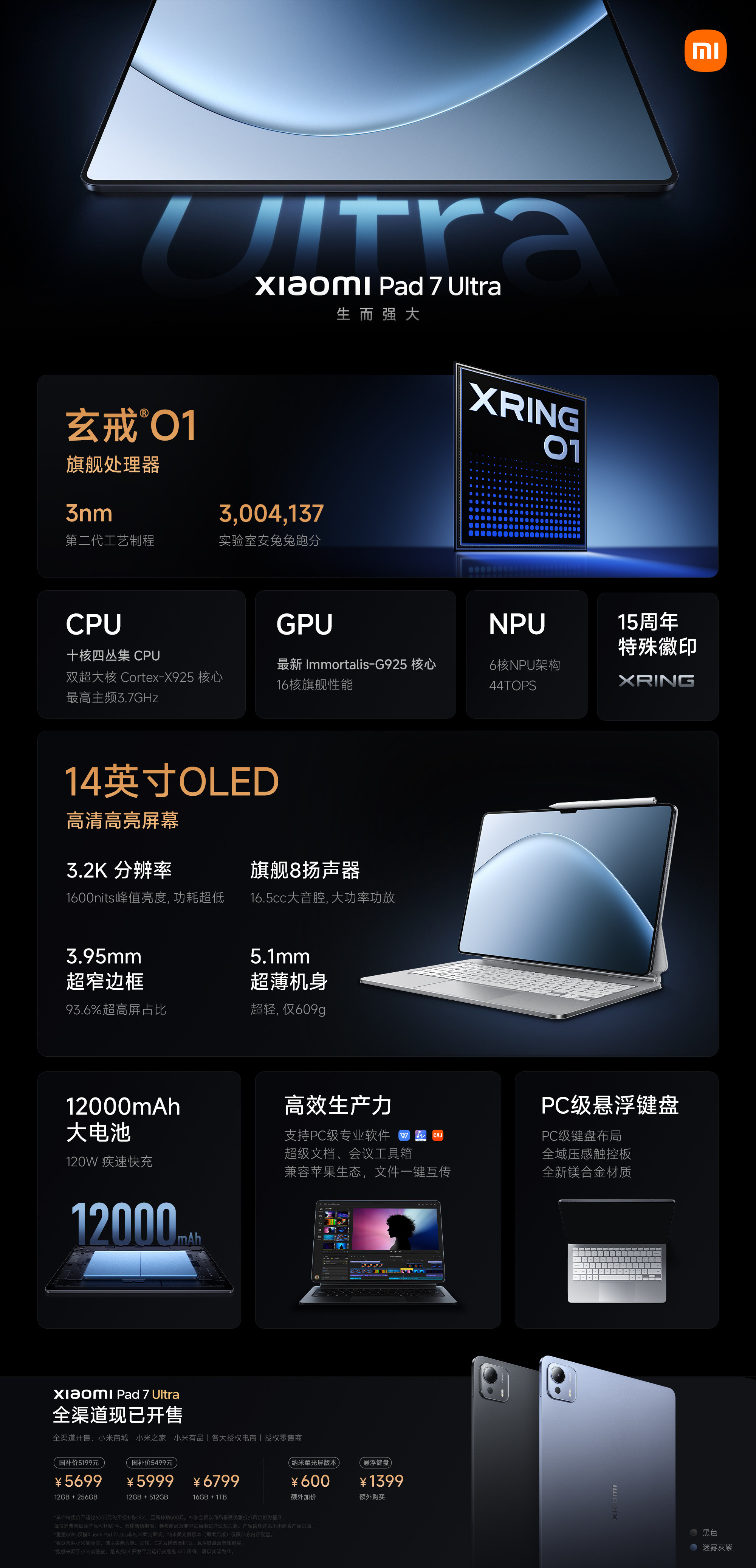 小米发布会小米平板7Ultra首发搭载「玄戒O1」3nm旗舰处理器，14英寸O