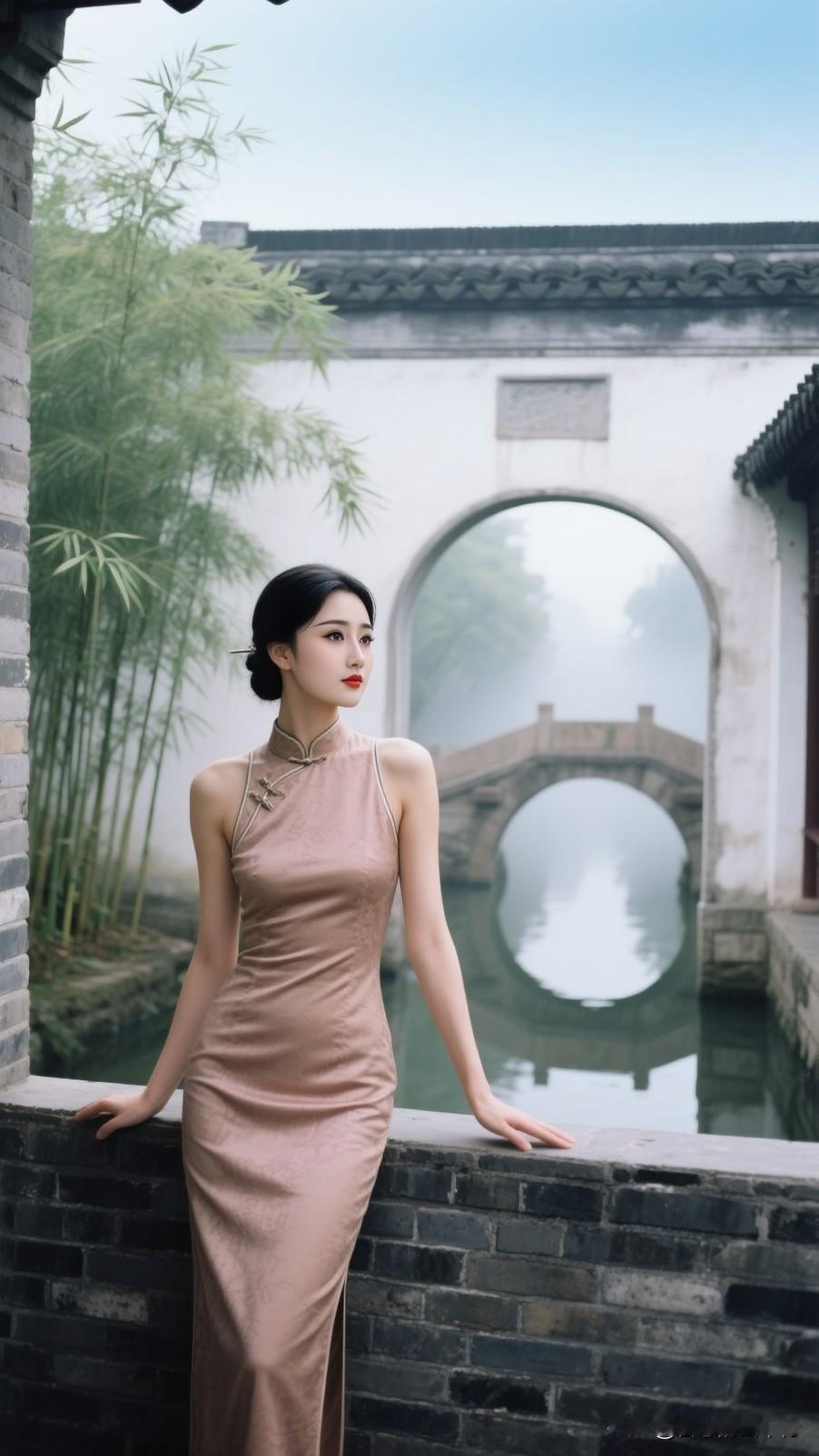 江南烟雨🍃新中式旗袍氛围感谁能拒绝江南园林与旗袍的碰撞✨裸粉挂脖旗袍真