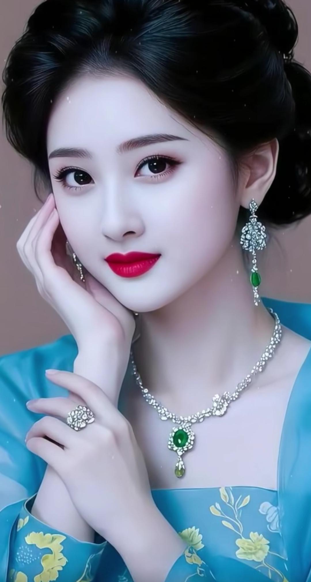 优雅古风美人，蓝衣玉佩，红唇轻启，韵味十足。高雅气质美女高清美女