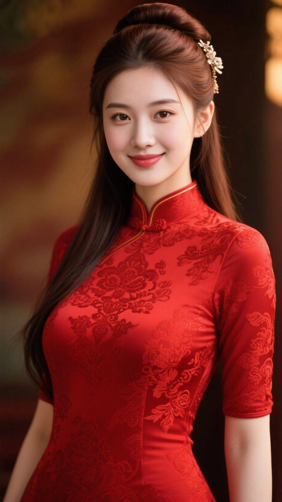 红韵旗袍风华正红锦缎镌刻繁复花影，细金镶边衬出挺括立领，传统纹样晕染独属于