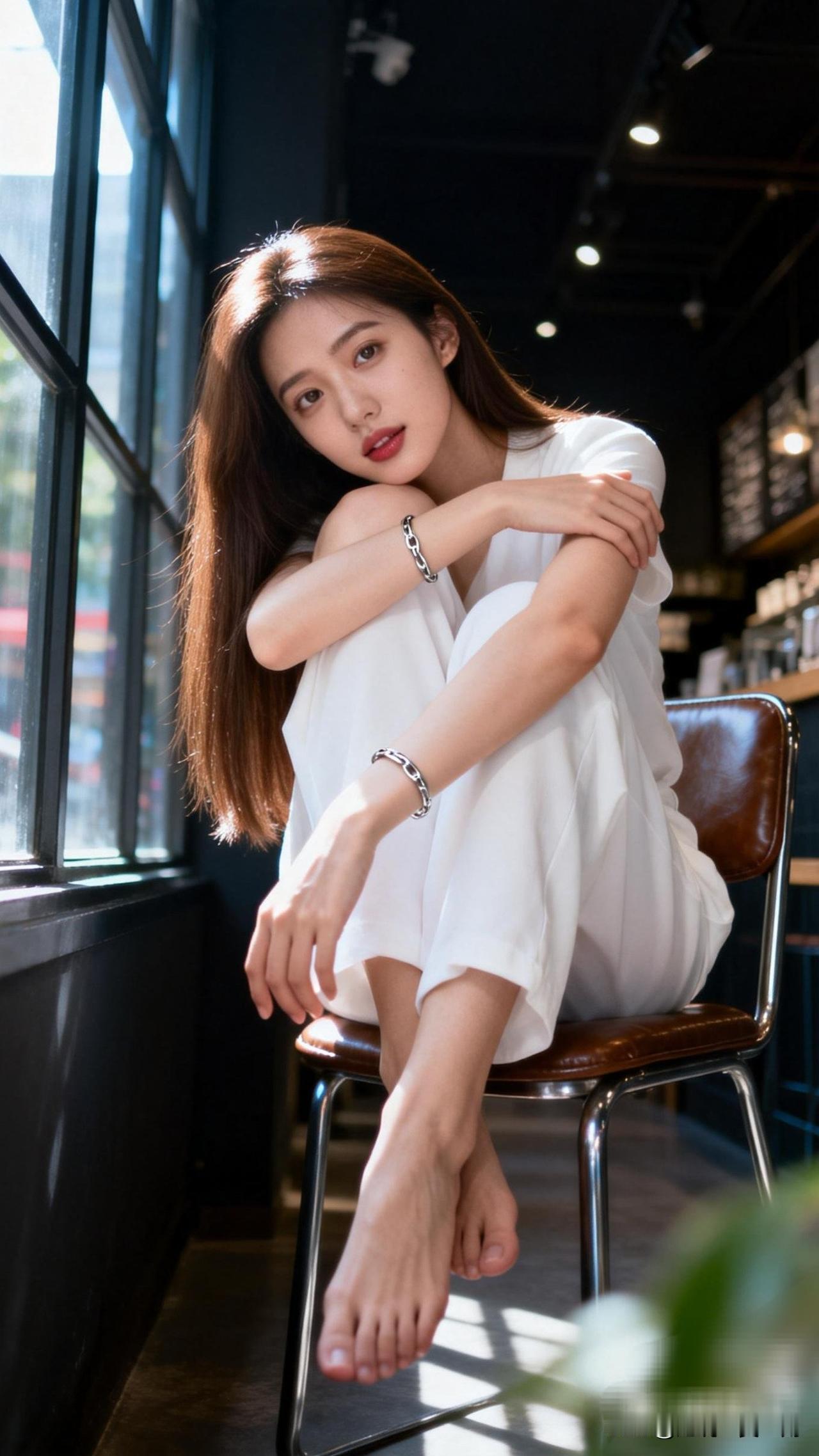 静坐窗前思，白衣映日辉。长腿为什么惹人喜欢呢优雅白衣少女，静坐时尚空间，尽显自