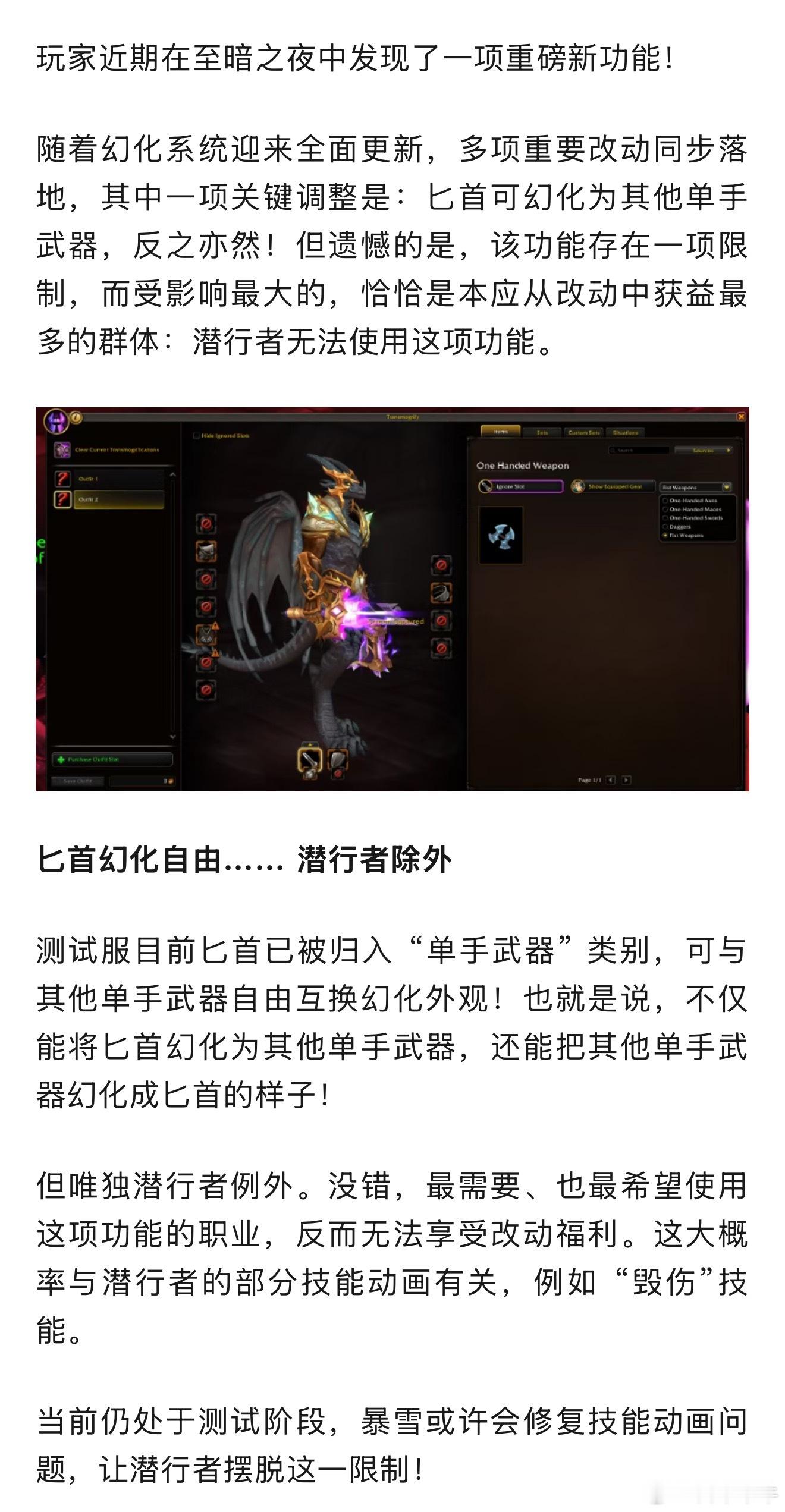 真正的倒反天罡！暴雪取消匕首幻化限制，唯独盗贼不行！魔兽世界魔兽世界