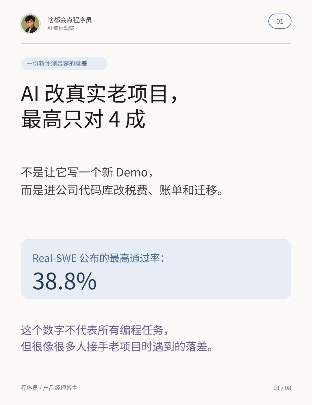 AI改祖传屎山代码，最高只对4成我看到一份刚引发讨论的AI编程评测，结果挺