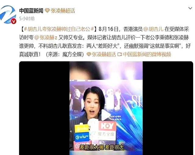 记者把话筒怼到胡杏儿嘴边：“你老公和张凌赫到底谁更帅？”她没打太极，脱口而出一句：“两人差距好大，这