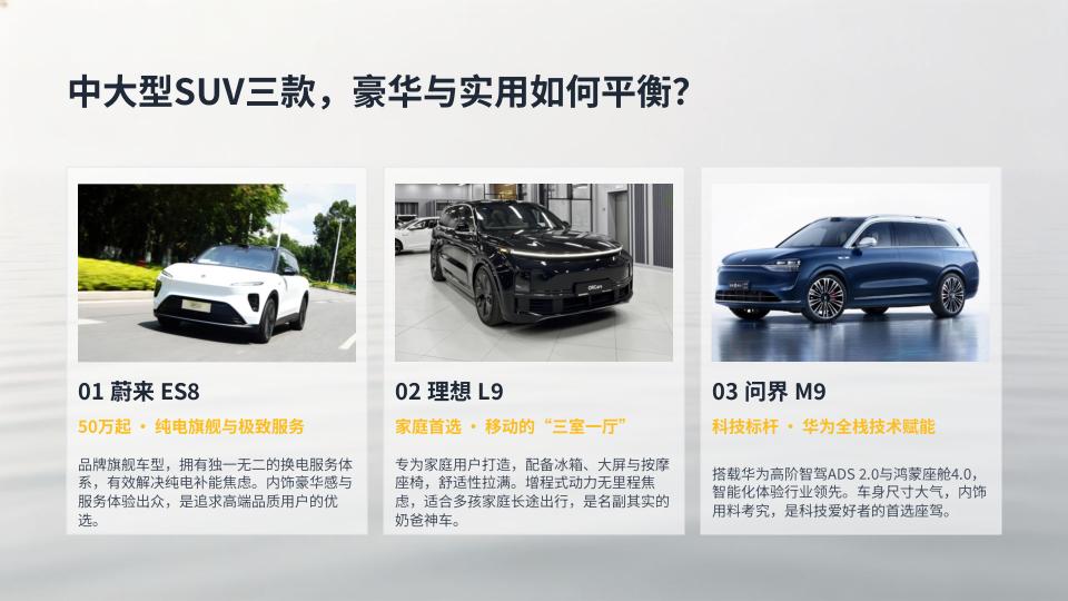 中大型SUV三款，豪华与实用如何平衡？蔚来ES8、理想L9、问界M9，这三台中