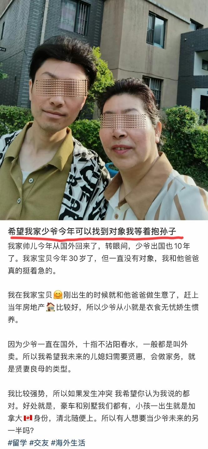 一东北大妈在网上给自己海归儿子找媳妇，说自己家豪车别墅都有，儿子一出生就是加拿大