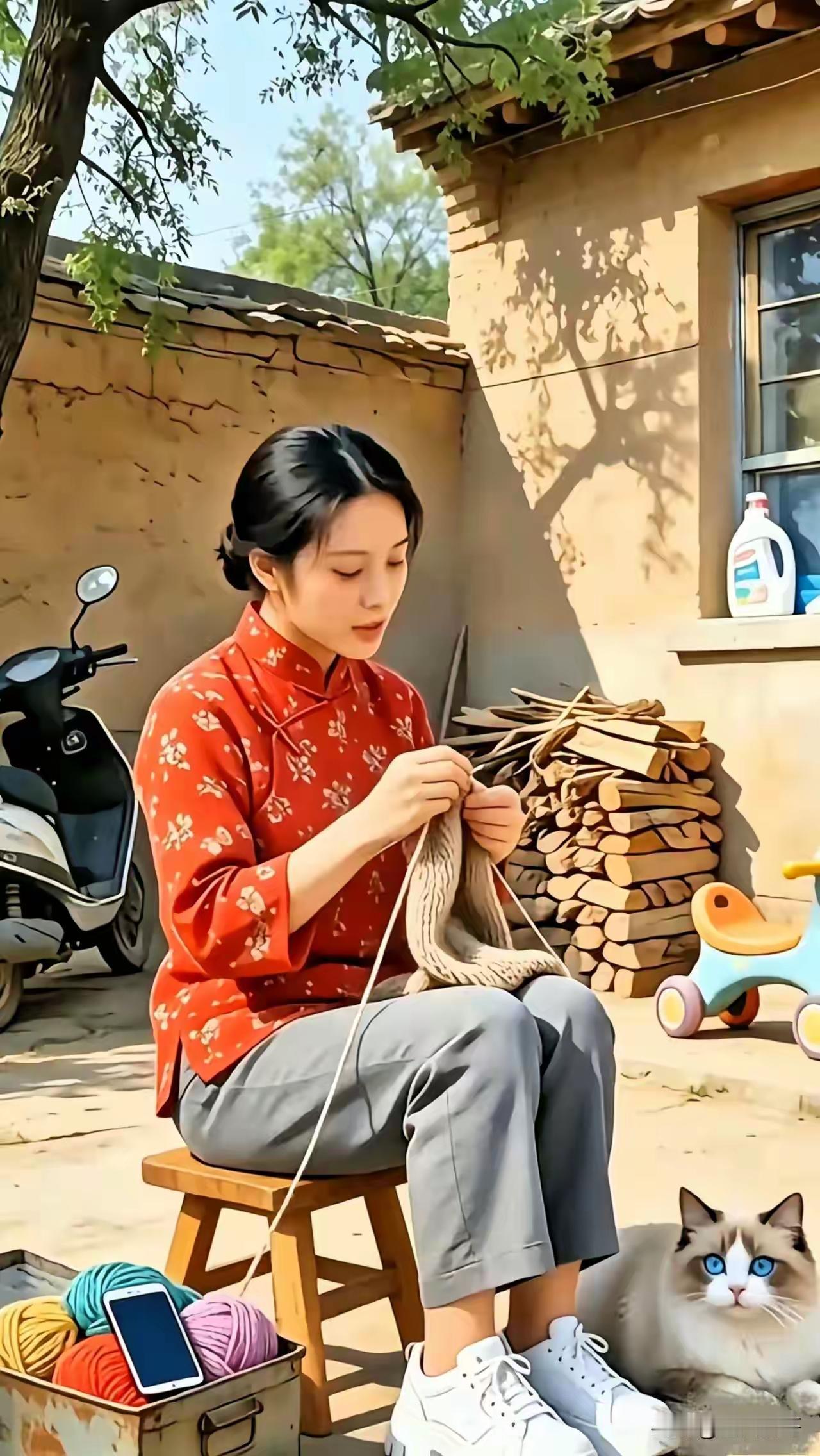 找不符合场景的物品80年代的农村，画面里呈现出一位姑娘正在织羊毛的场景。这里面