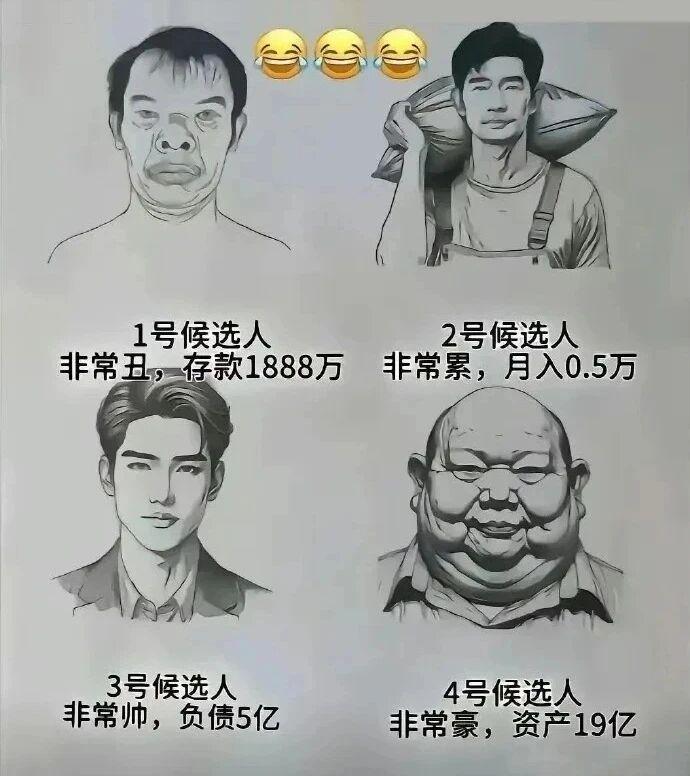 轻松一下，如果人生可以重来，你会选几号候选人做伴侣？原来以为自己贪财，看